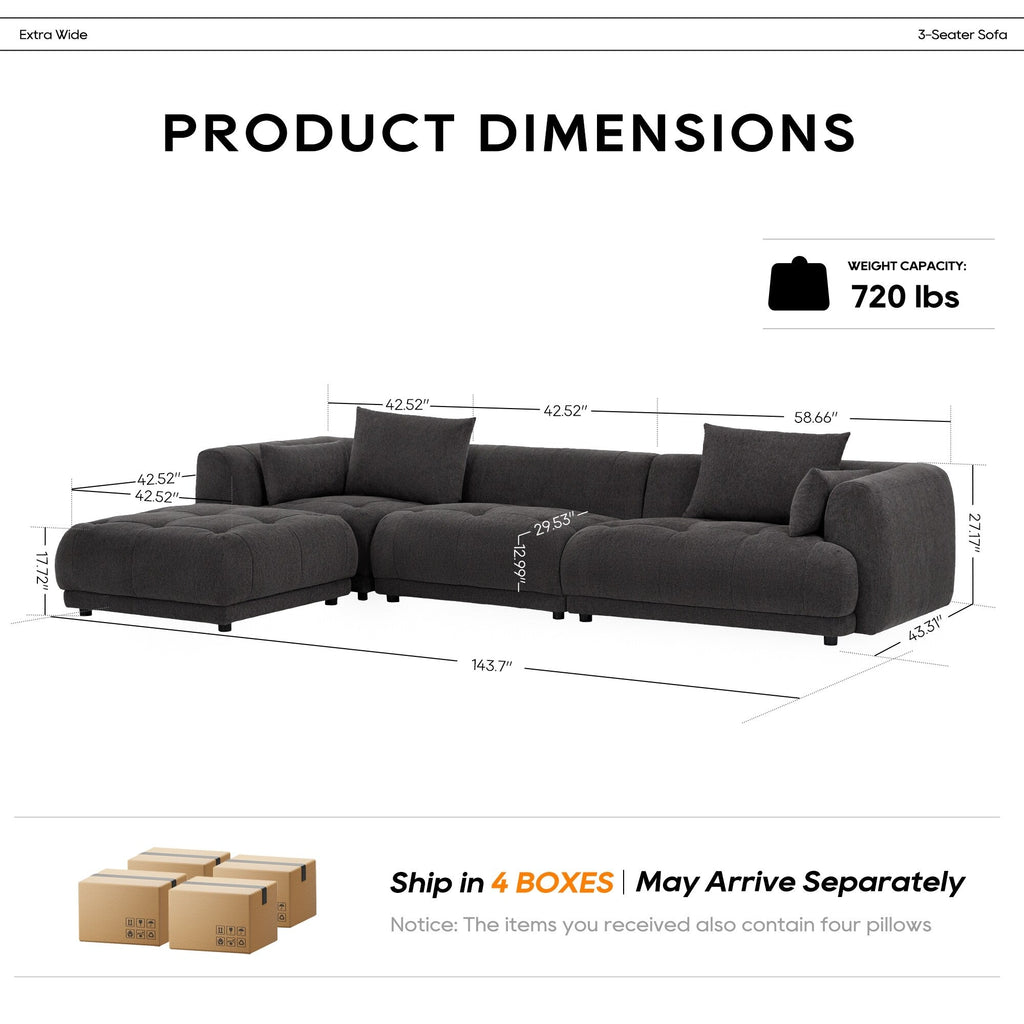 Canapé d'angle modulaire Cloud 144 avec pouf - Canapé de salon en tissu chenille moelleux