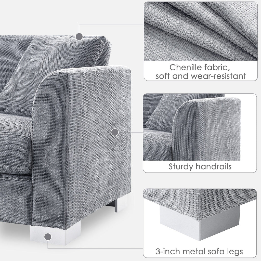 Canapé d'angle Cloud, ensemble de canapé de luxe en forme de L avec 2 coussins offerts, mobilier d'intérieur 4 places en chenille avec méridienne surdimensionnée