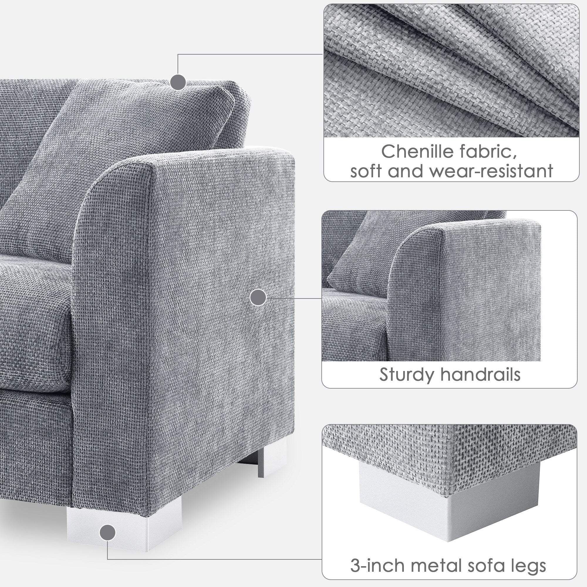 Canapé d'angle Cloud, ensemble de canapé de luxe en forme de L avec 2 coussins offerts, mobilier d'intérieur 4 places en chenille avec méridienne surdimensionnée