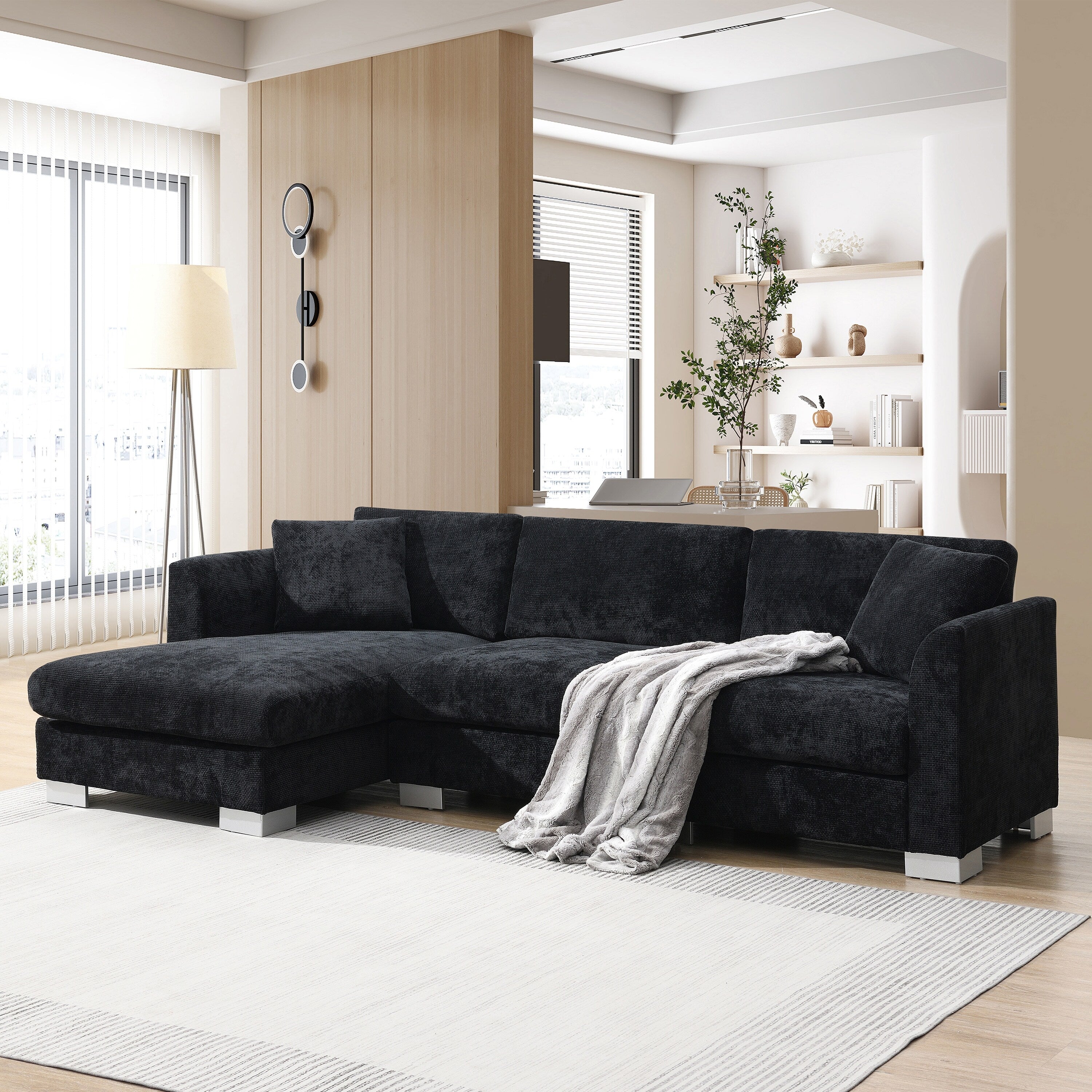 Canapé d'angle Cloud, ensemble de canapé de luxe en forme de L avec 2 coussins offerts, mobilier d'intérieur 4 places en chenille avec méridienne surdimensionnée