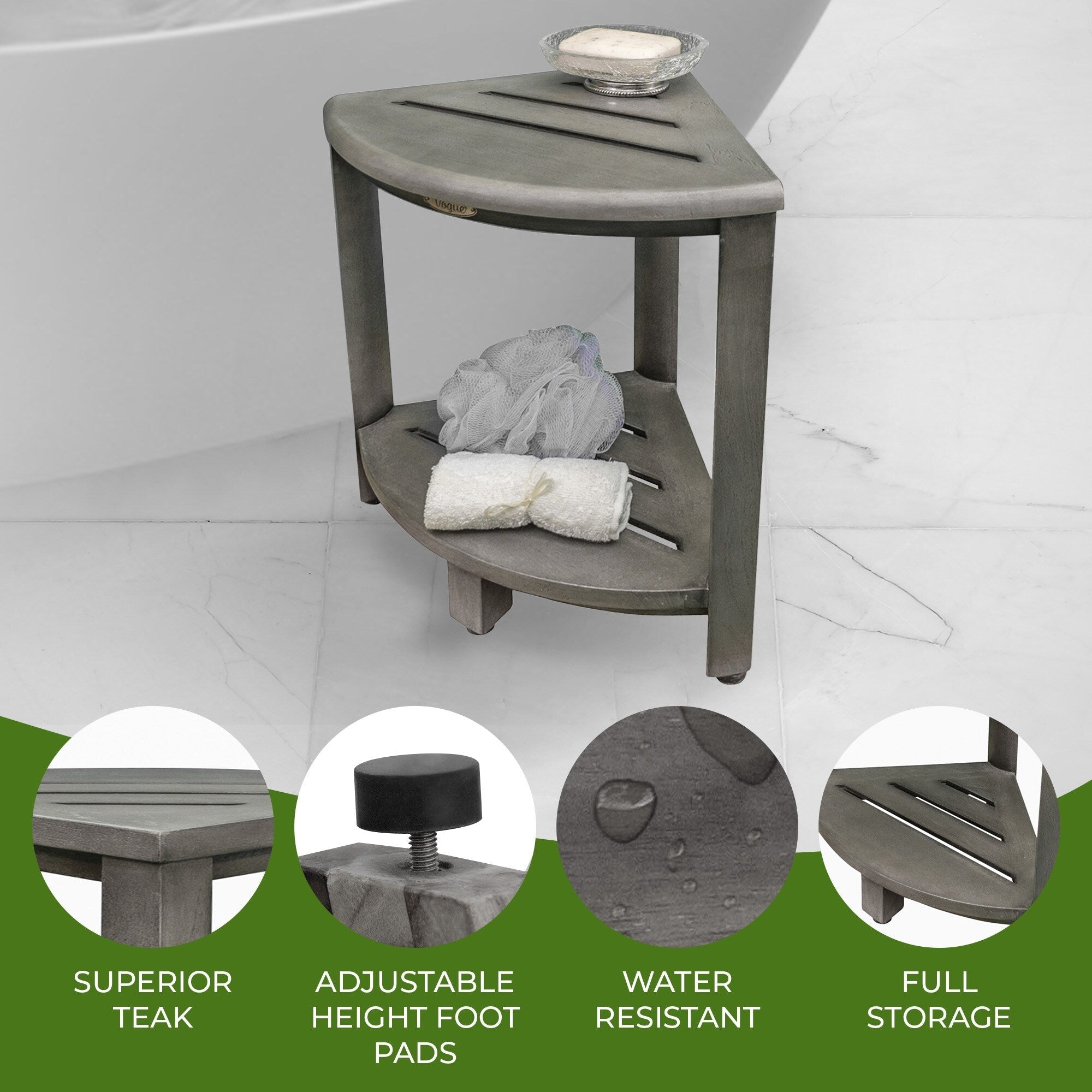 CoastalVogue, Étagère de douche d'angle en teck, Tabouret de douche pour se raser les jambes, Tabouret de douche pour les pieds, Tabouret de douche en teck, Tabouret de douche d'angle