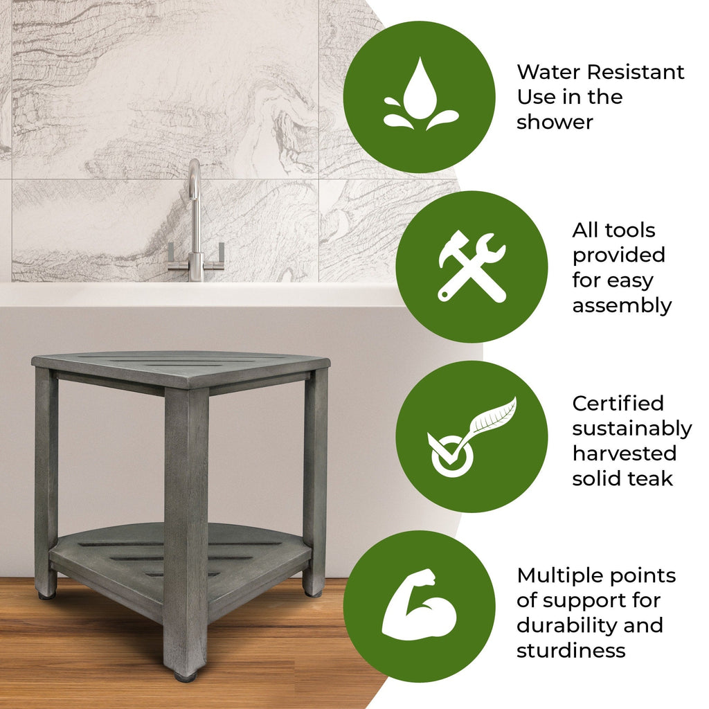 CoastalVogue, Étagère de douche d'angle en teck, Tabouret de douche pour se raser les jambes, Tabouret de douche pour les pieds, Tabouret de douche en teck, Tabouret de douche d'angle