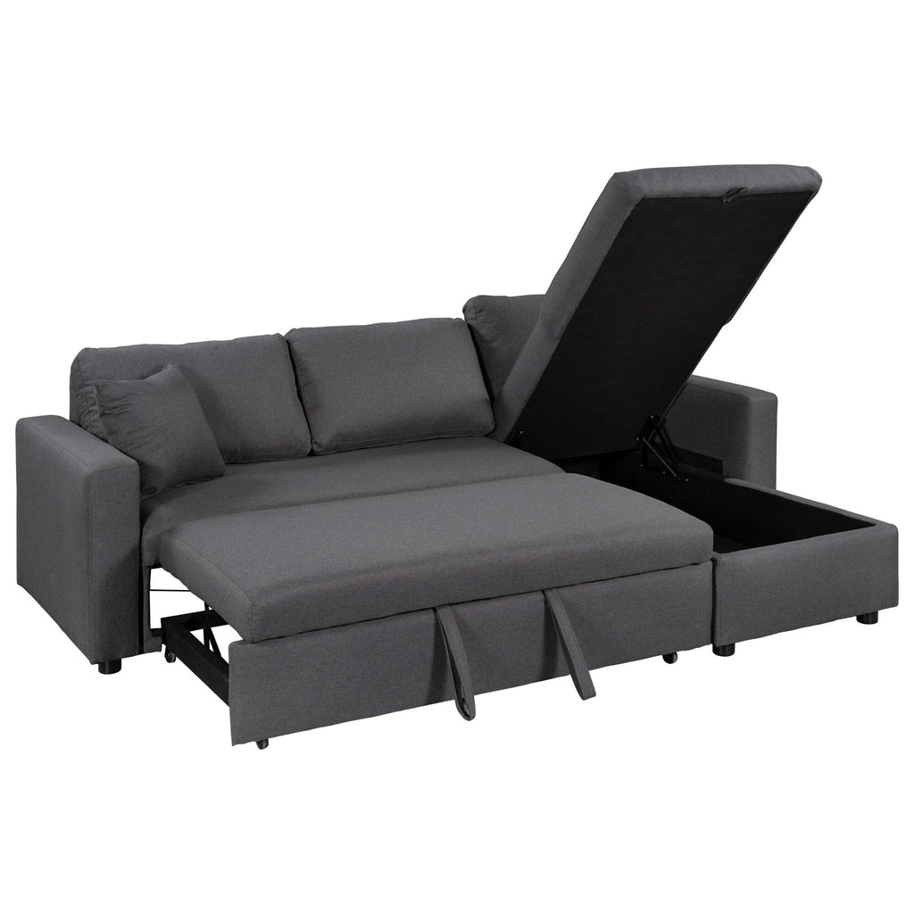 Canapé d'angle convertible en L avec lit gigogne et espace de rangement, 2 coussins décoratifs