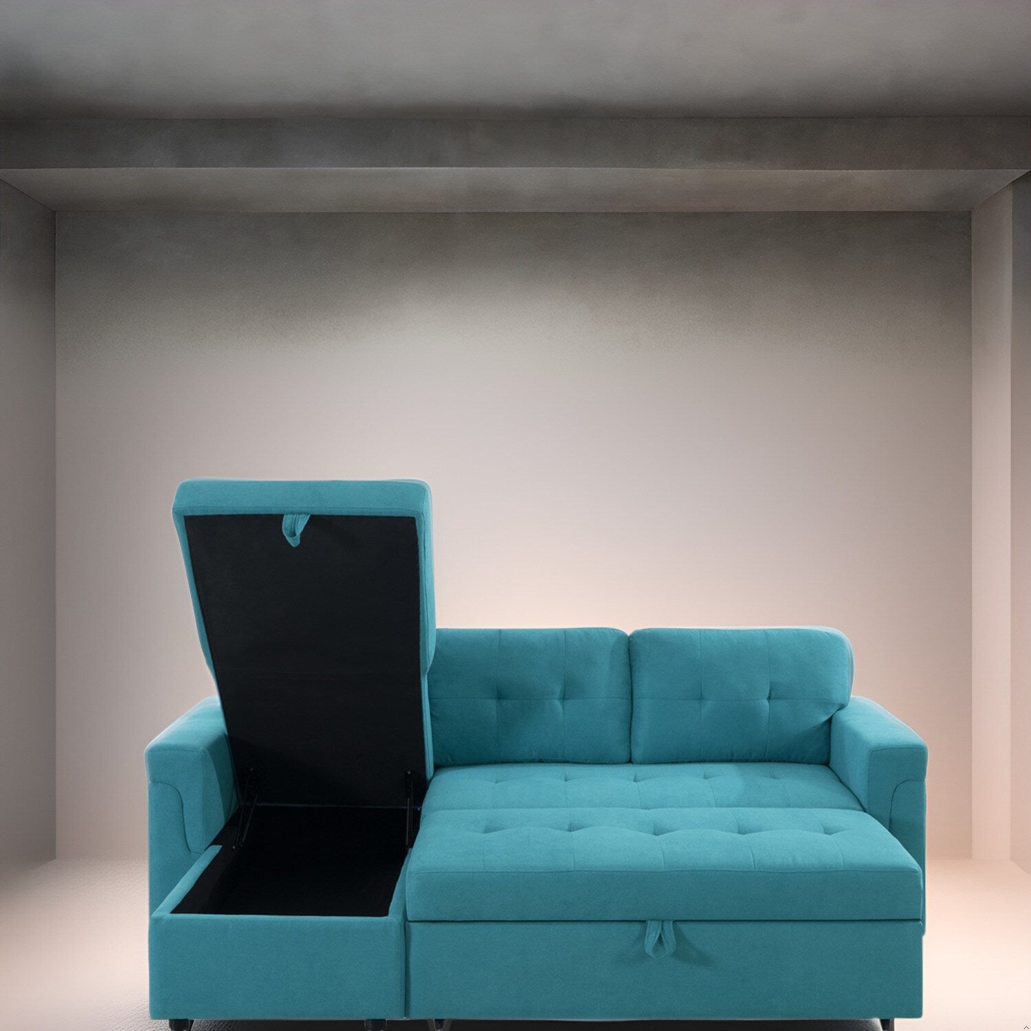 Canapé d'angle convertible et réversible avec lit escamotable, chaise longue avec rangement intégré et pieds robustes.