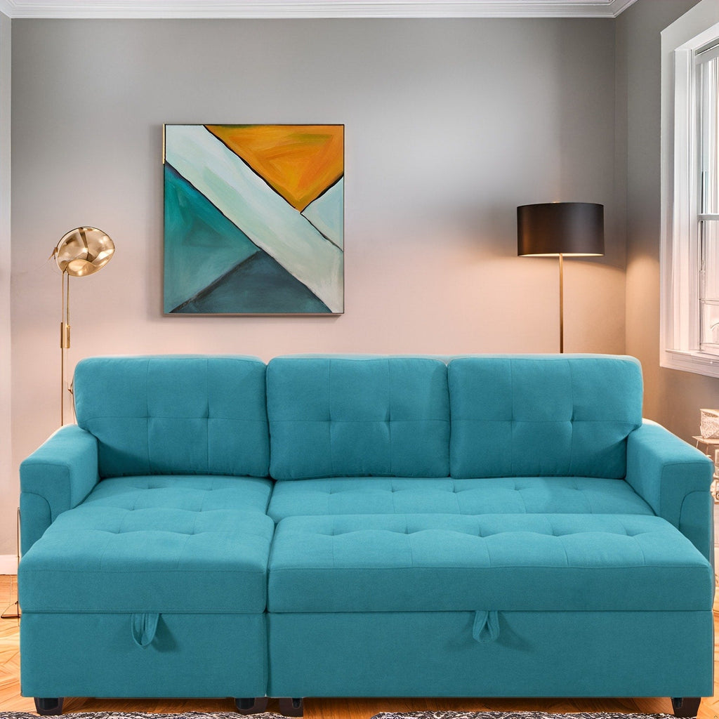 Canapé d'angle convertible et réversible avec lit escamotable, chaise longue avec rangement intégré et pieds robustes.