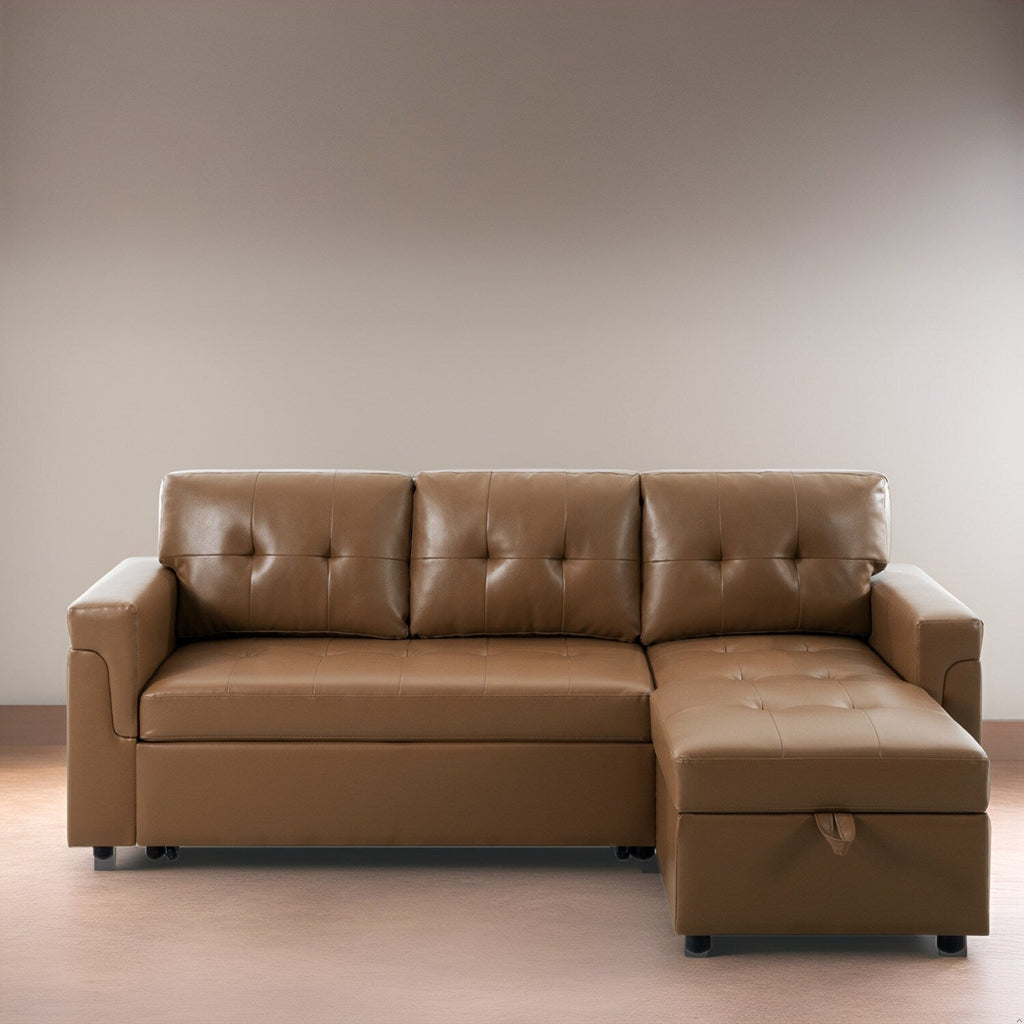 Canapé d'angle convertible et réversible avec lit escamotable, chaise longue avec rangement intégré et pieds robustes.