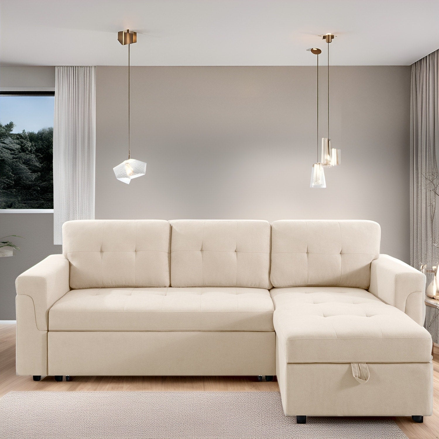 Canapé d'angle convertible et réversible avec lit escamotable, chaise longue avec rangement intégré et pieds robustes.