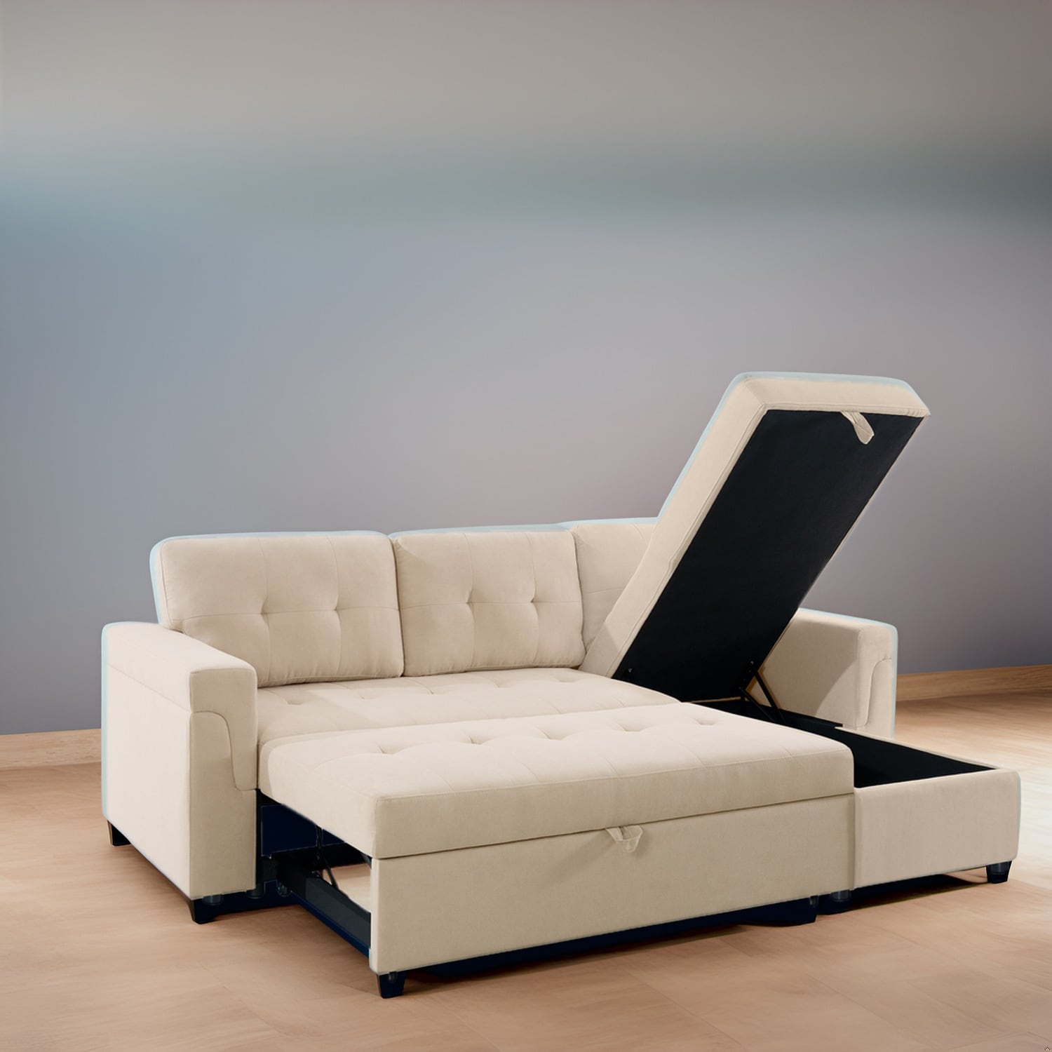 Canapé d'angle convertible et réversible avec lit escamotable, chaise longue avec rangement intégré et pieds robustes.