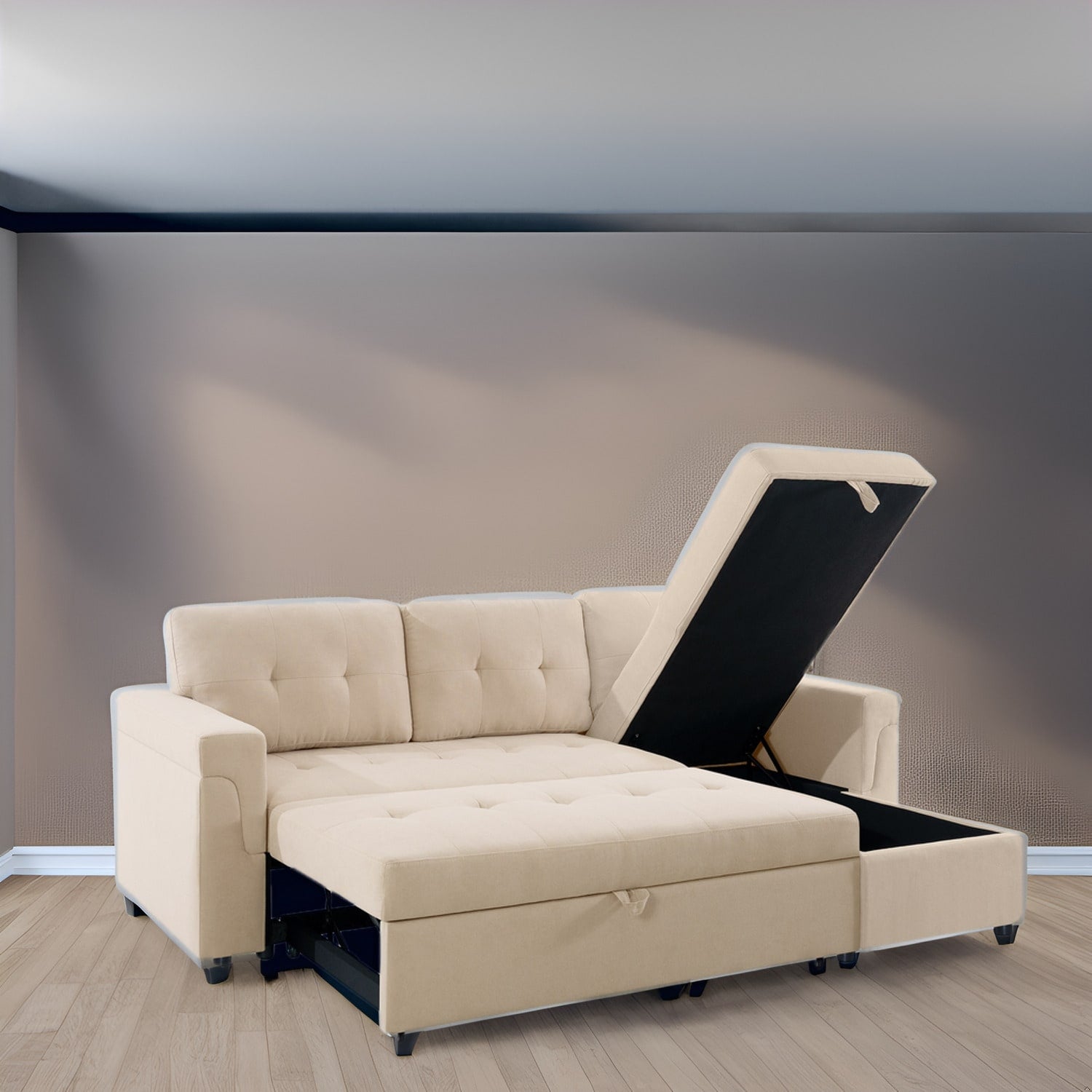 Canapé d'angle convertible et réversible avec lit escamotable, chaise longue avec rangement intégré et pieds robustes.