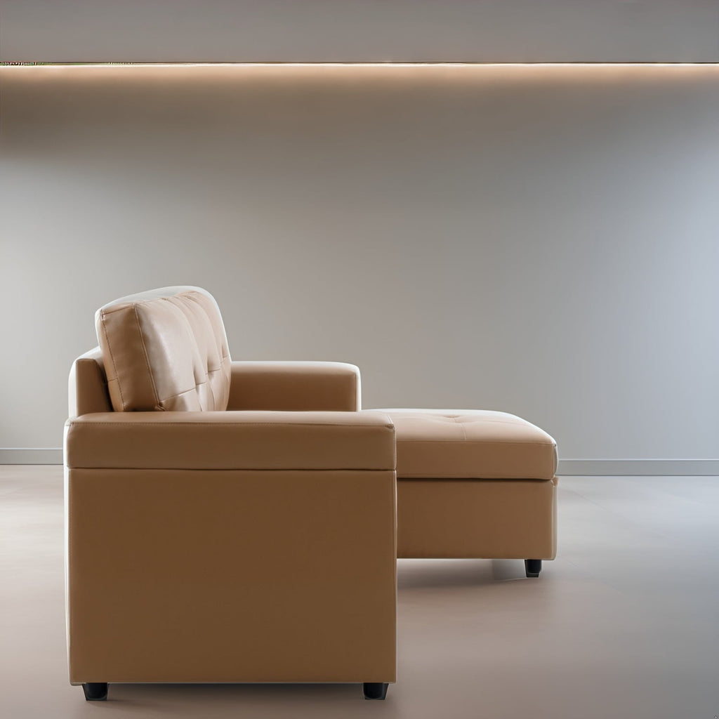 Canapé d'angle convertible et réversible avec lit escamotable, chaise longue avec rangement intégré et pieds robustes.