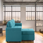 Canapé d'angle convertible et réversible avec lit escamotable, chaise longue avec rangement intégré et pieds robustes.