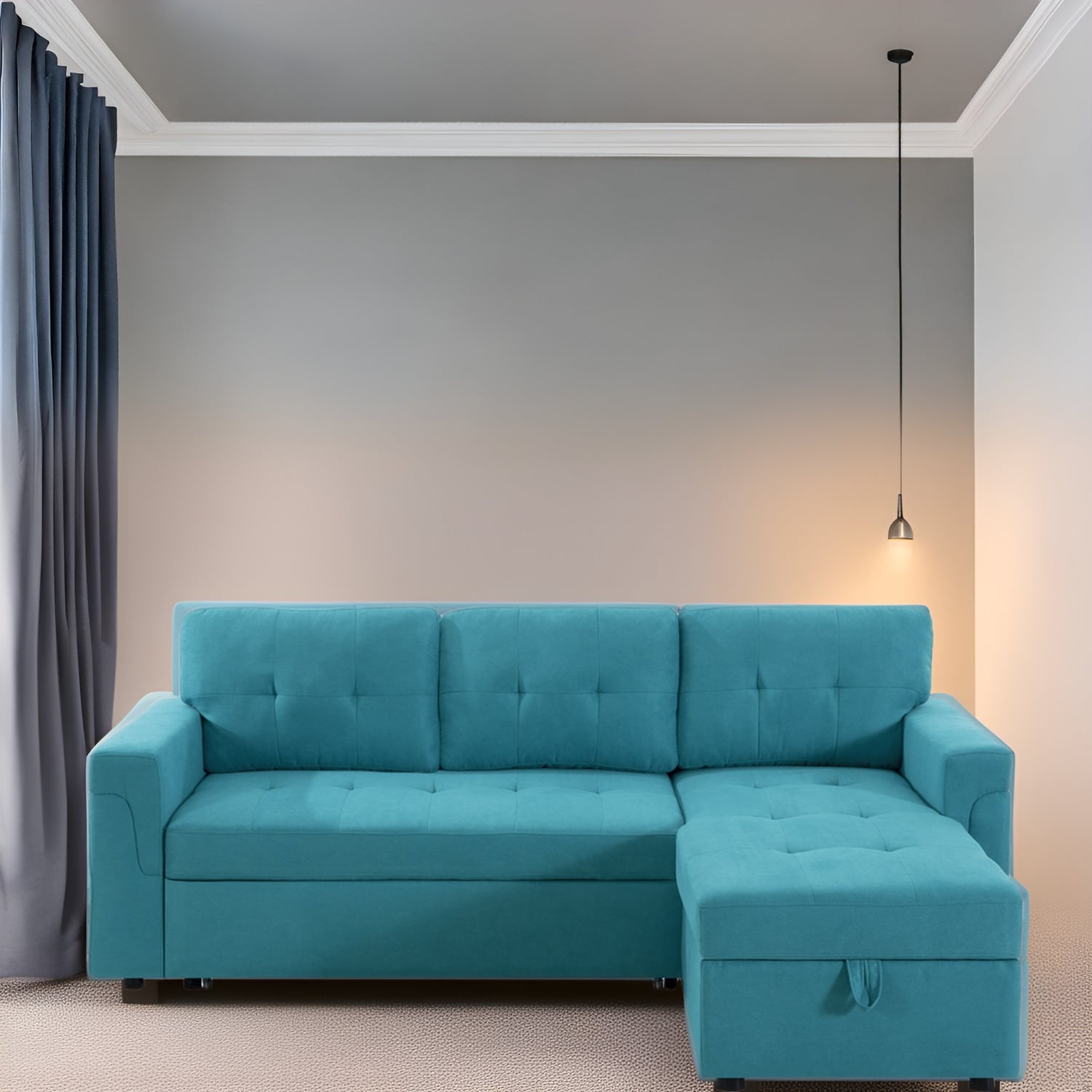 Canapé d'angle convertible et réversible avec lit escamotable, chaise longue avec rangement intégré et pieds robustes.