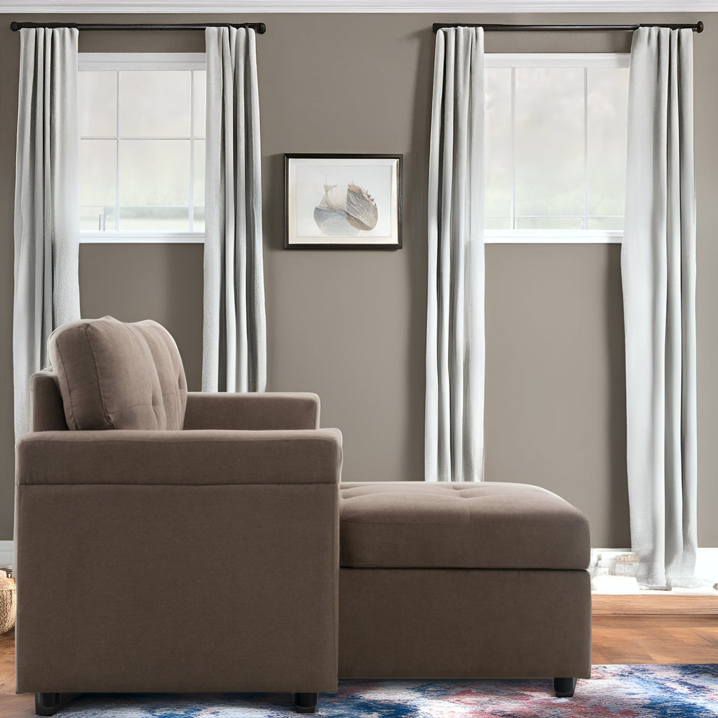 Canapé d'angle convertible et réversible avec lit escamotable, chaise longue avec rangement intégré et pieds robustes.