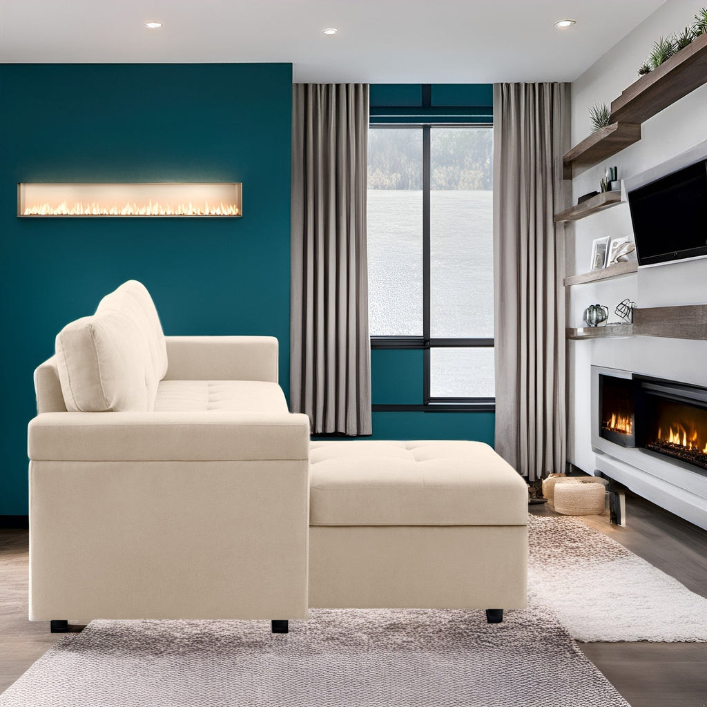 Canapé d'angle convertible et réversible avec lit escamotable, chaise longue avec rangement intégré et pieds robustes.