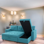 Canapé d'angle convertible et réversible avec lit escamotable, chaise longue avec rangement intégré et pieds robustes.