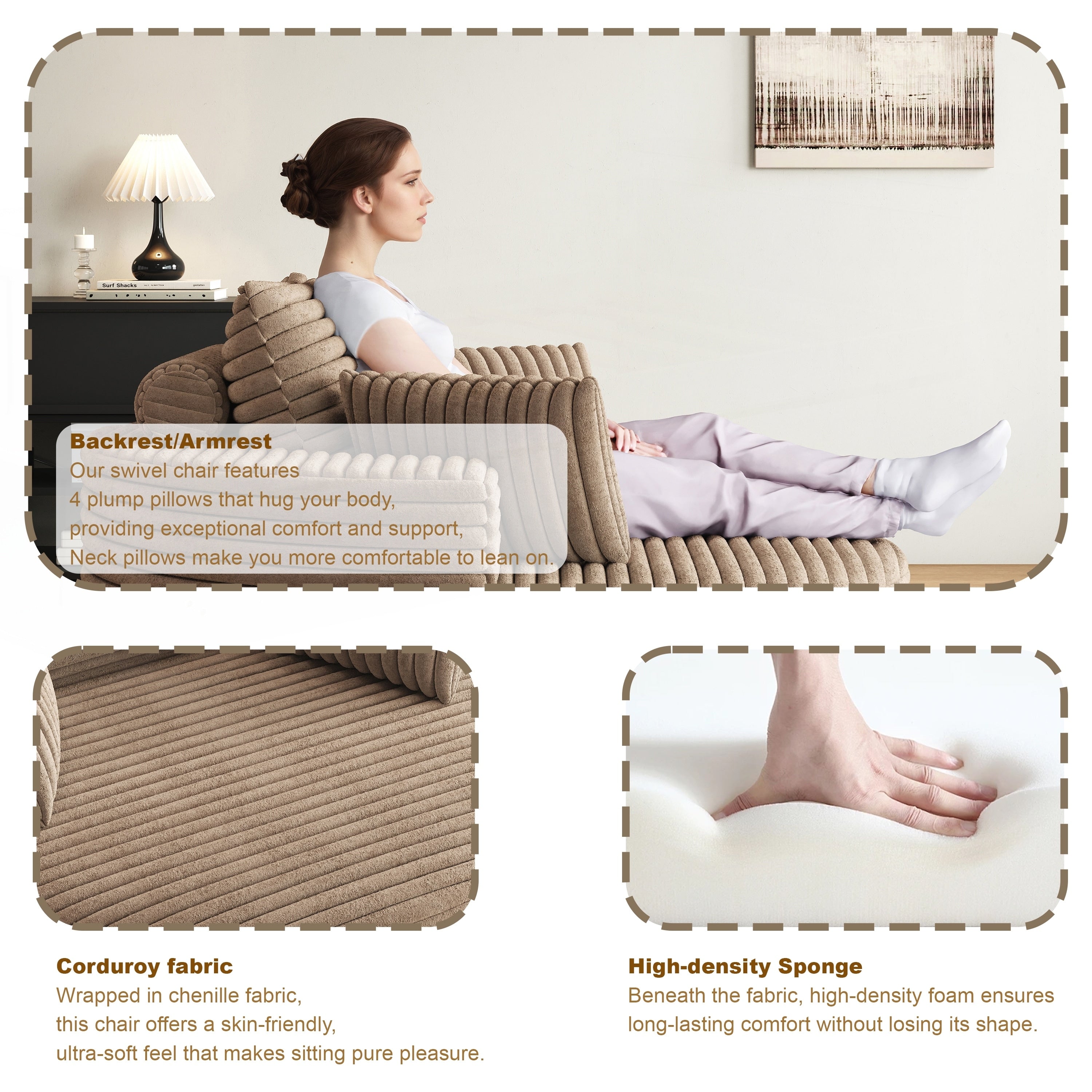 Fauteuil pivotant simple en velours côtelé et mousse chenille