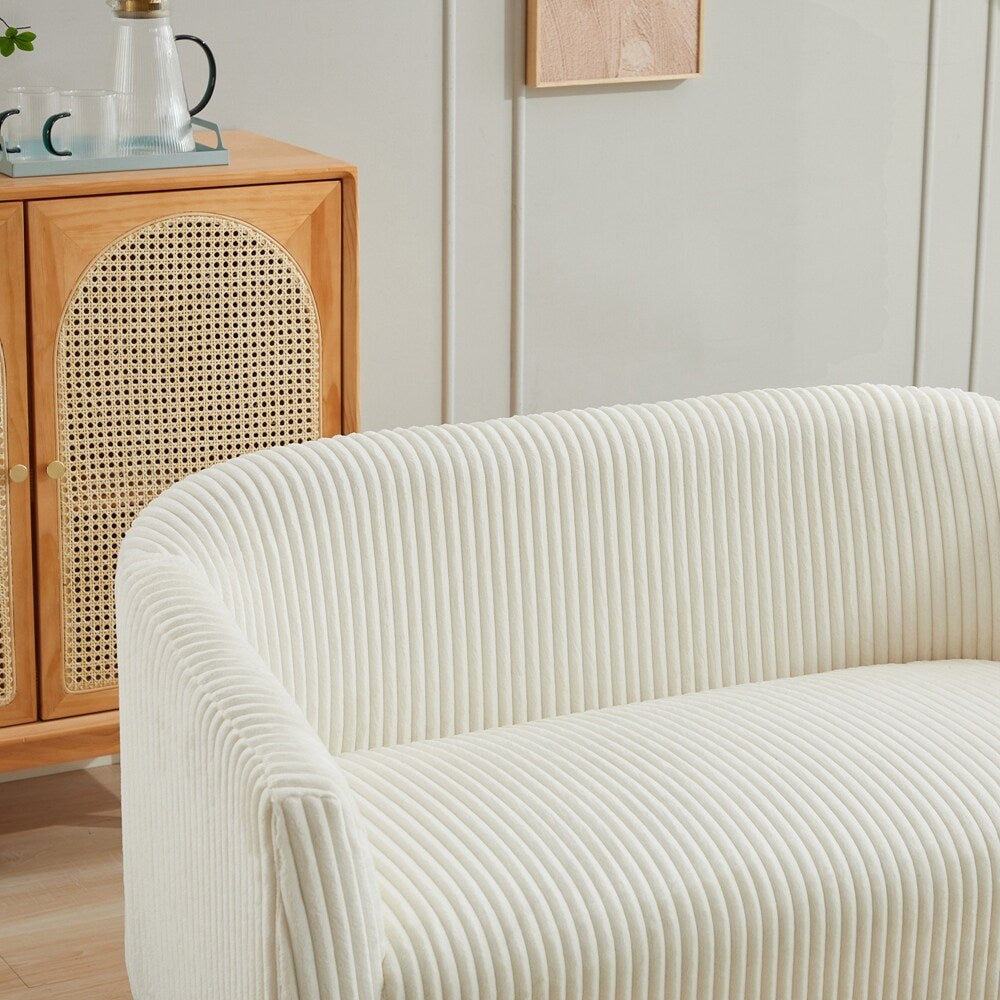 Canapé 2 places recouvert de tissu velours côtelé avec pieds en noyer