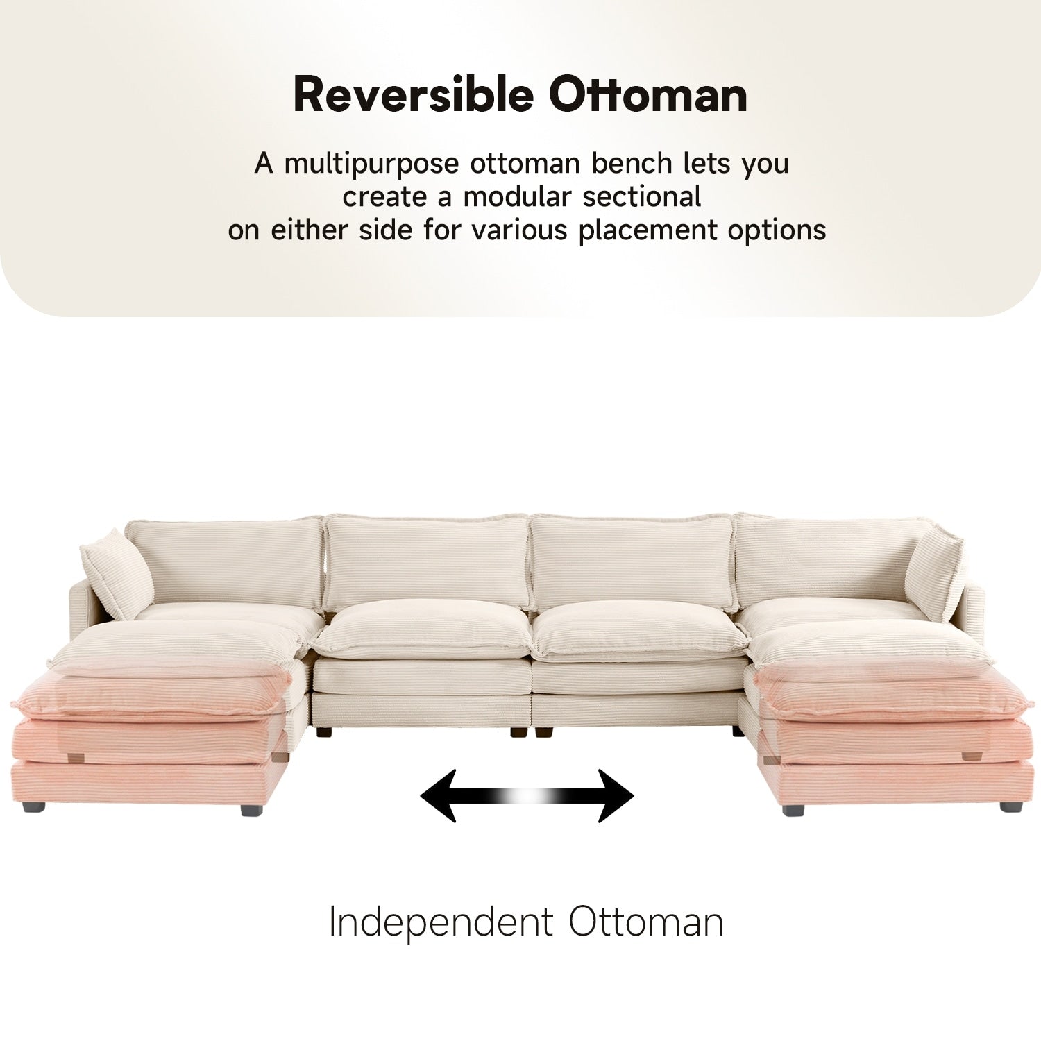 Canapé d'angle en velours côtelé avec ottomans amovibles et coussins ultra-doux pour le salon et la chambre à coucher