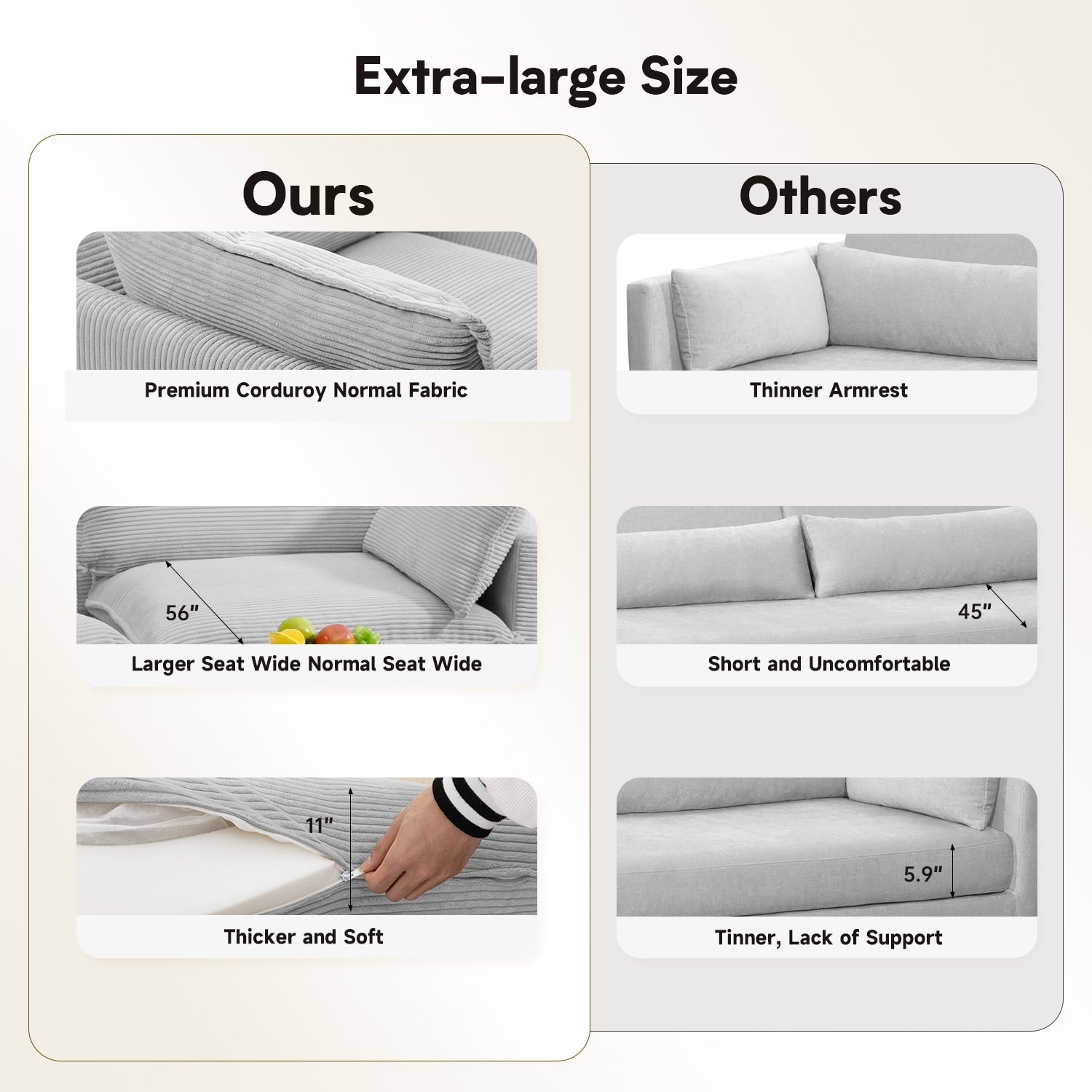 Canapé d'angle en velours côtelé avec ottomans amovibles et coussins ultra-doux pour le salon et la chambre à coucher