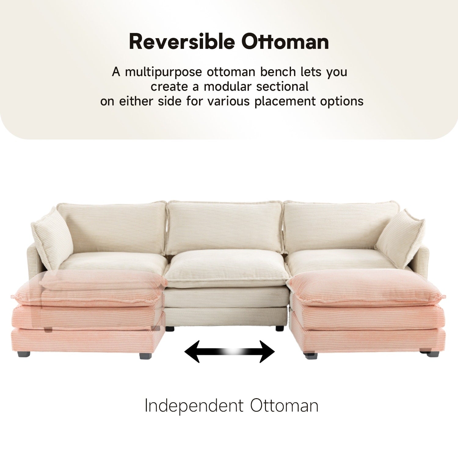 Canapé d'angle en velours côtelé avec ottomans amovibles et coussins ultra-doux pour le salon et la chambre à coucher