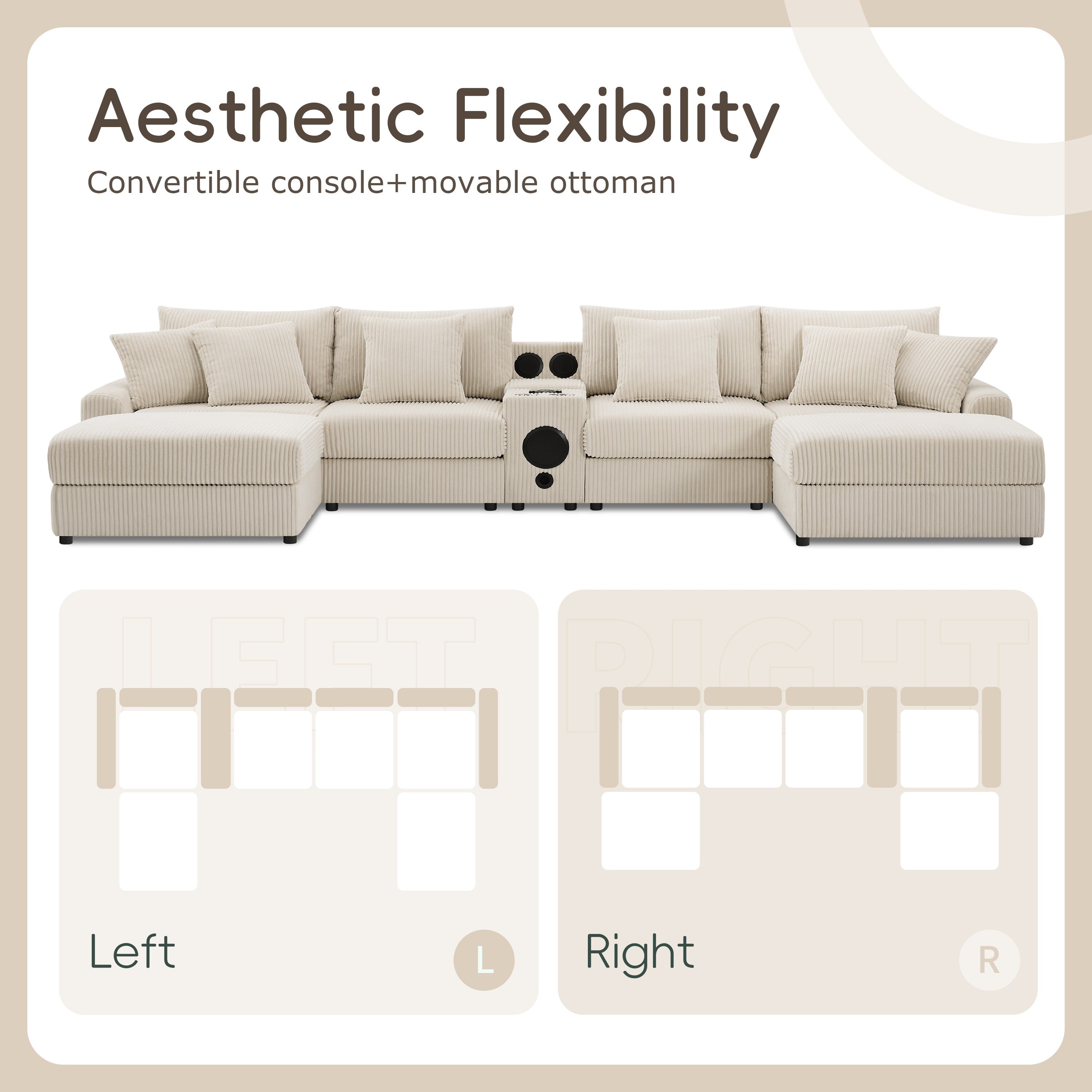 Canapé d'angle en velours côtelé avec haut-parleurs Bluetooth, chargeur USB, porte-gobelets, rangement, pouf et assise profonde et large.