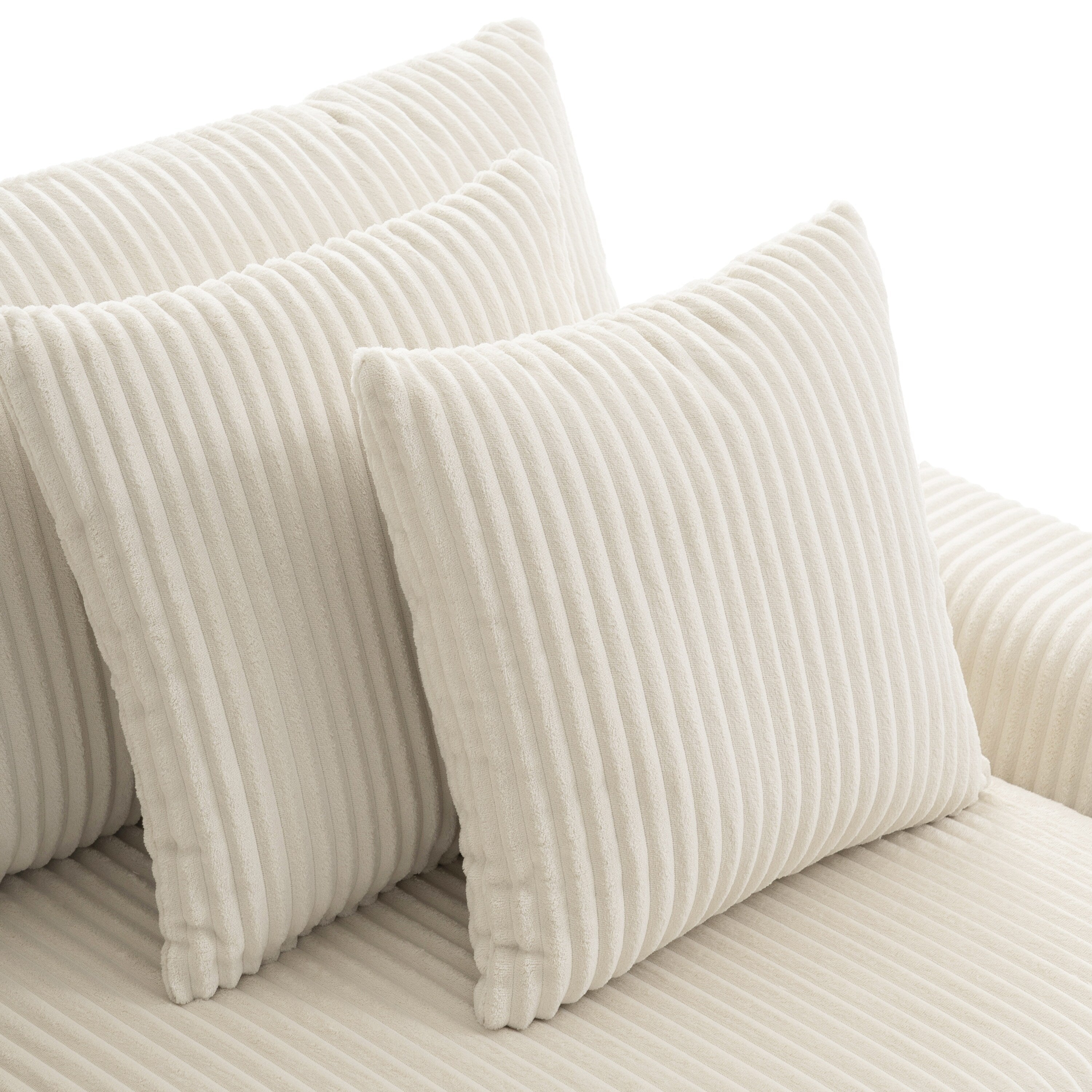 Canapé d'angle en velours côtelé avec haut-parleurs Bluetooth, chargeur USB, porte-gobelets, rangement, pouf et assise profonde et large.