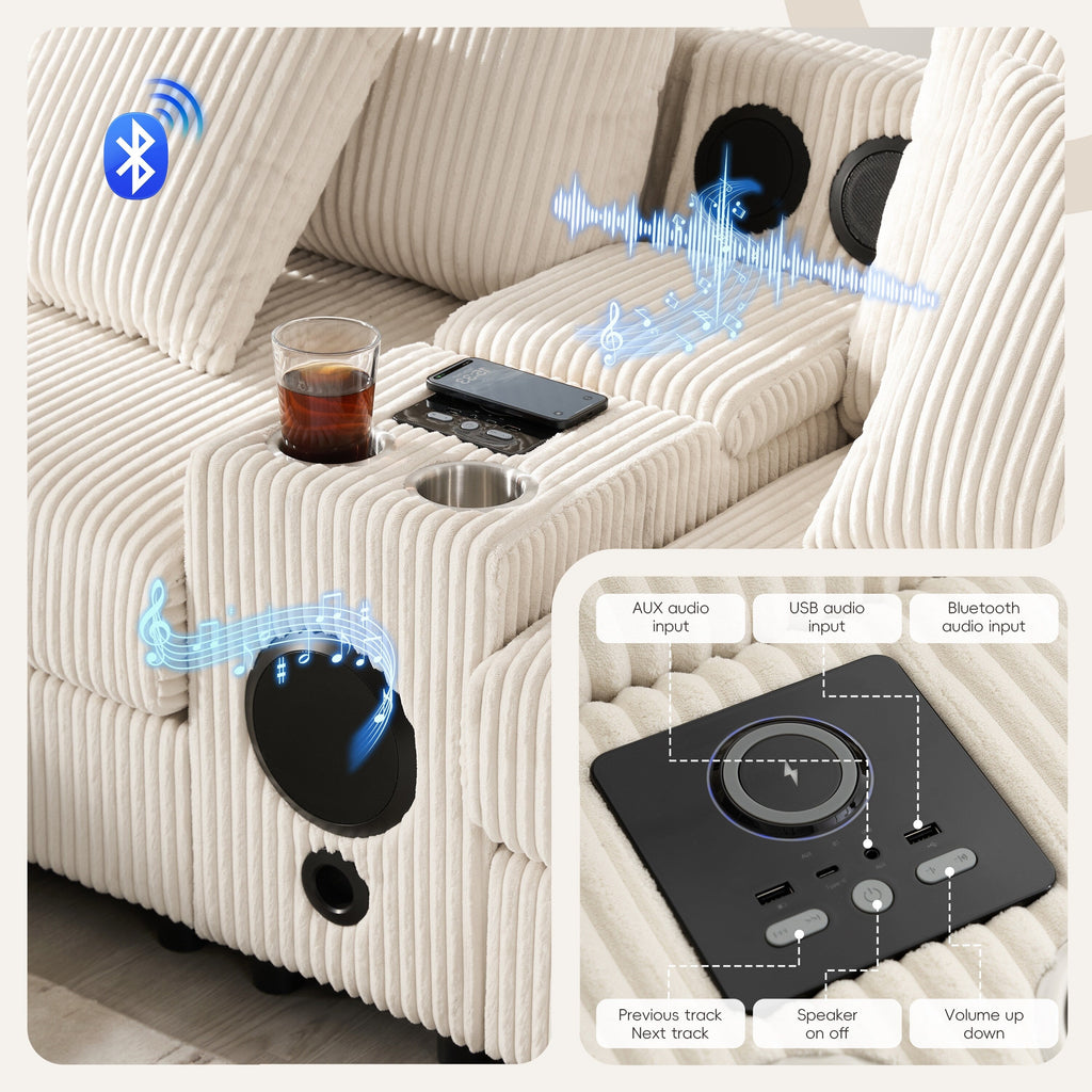 Canapé d'angle en velours côtelé avec haut-parleurs Bluetooth, chargeur USB, porte-gobelets, rangement, pouf et assise profonde et large.