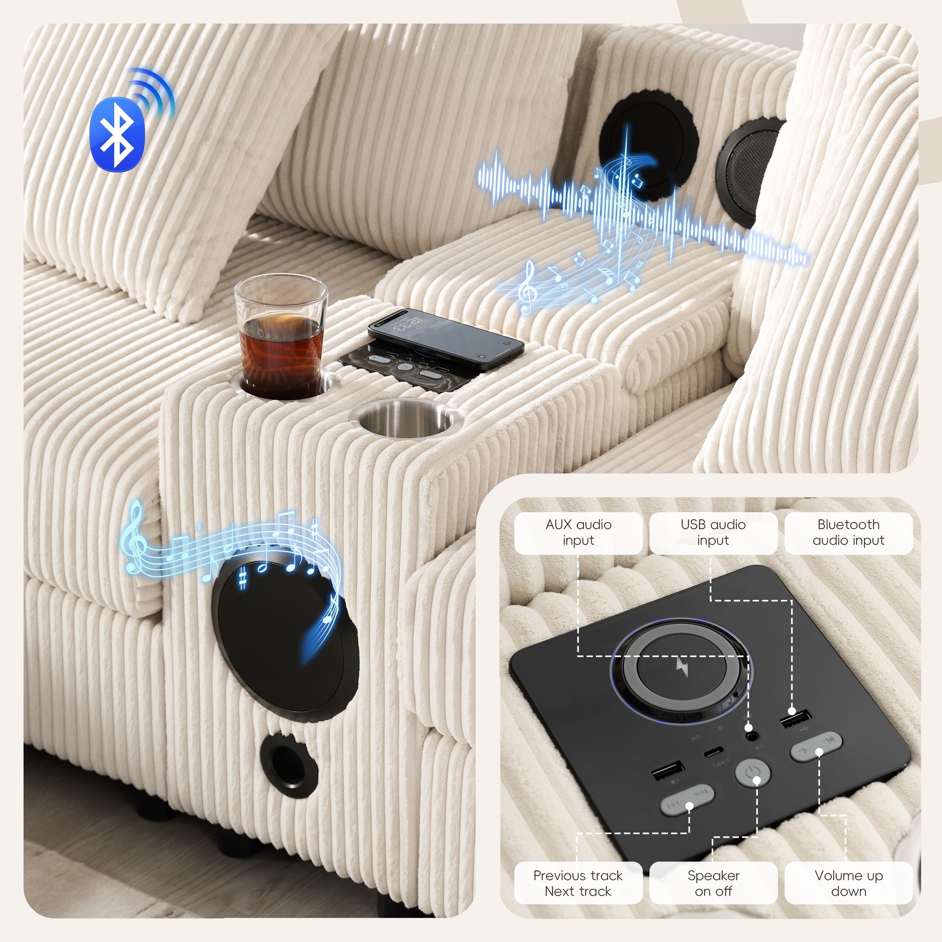 Canapé d'angle en velours côtelé avec haut-parleurs Bluetooth, chargeur USB, porte-gobelets, rangement, pouf et assise profonde et large.
