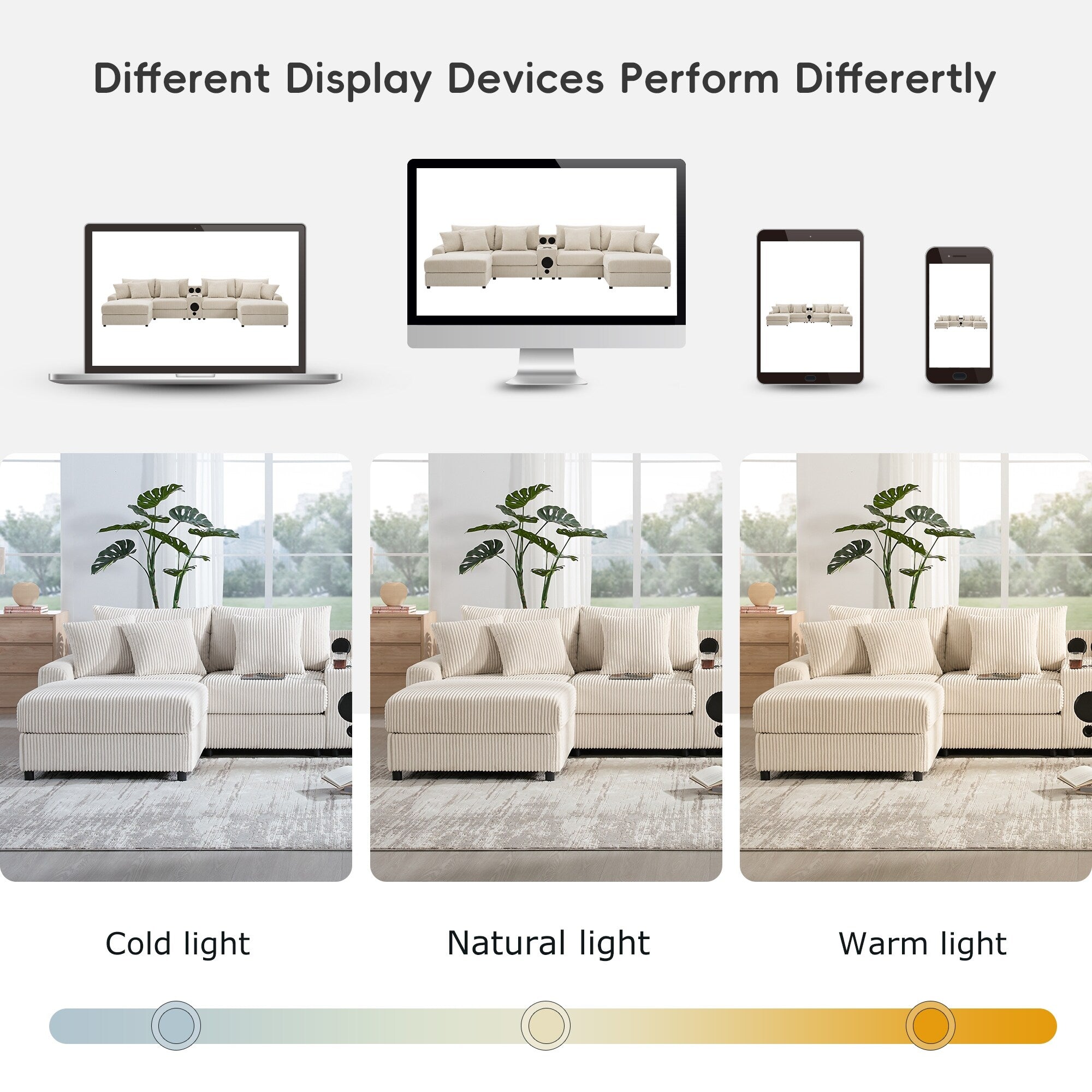 Canapé d'angle en velours côtelé avec haut-parleurs Bluetooth, chargeur USB, porte-gobelets, rangement, pouf et assise profonde et large.