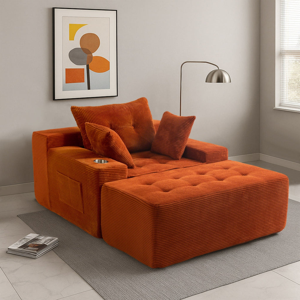 Canapé en velours côtelé avec pouf intégré et mousse à mémoire de forme - 123 cm (L) x 172 cm (l) x 62 cm (H)