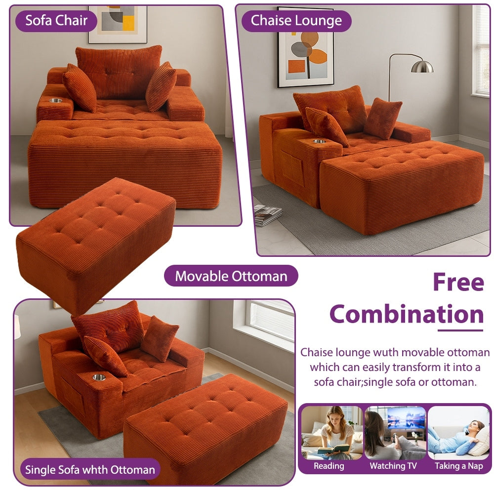 Canapé en velours côtelé avec pouf intégré et mousse à mémoire de forme - 123 cm (L) x 172 cm (l) x 62 cm (H)