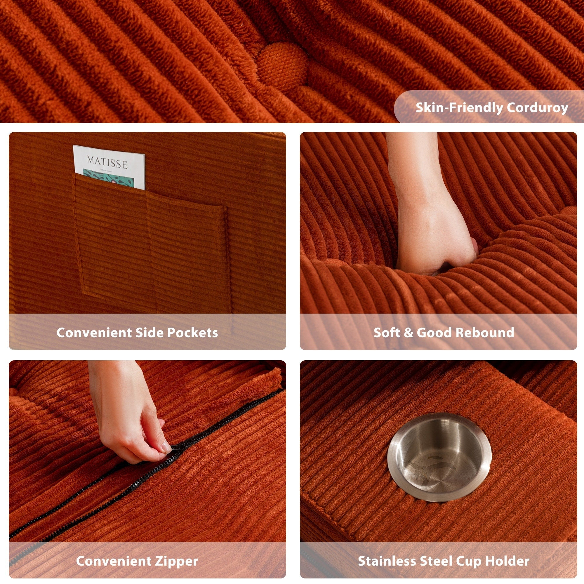 Canapé en velours côtelé avec pouf intégré et mousse à mémoire de forme - 123 cm (L) x 172 cm (l) x 62 cm (H)