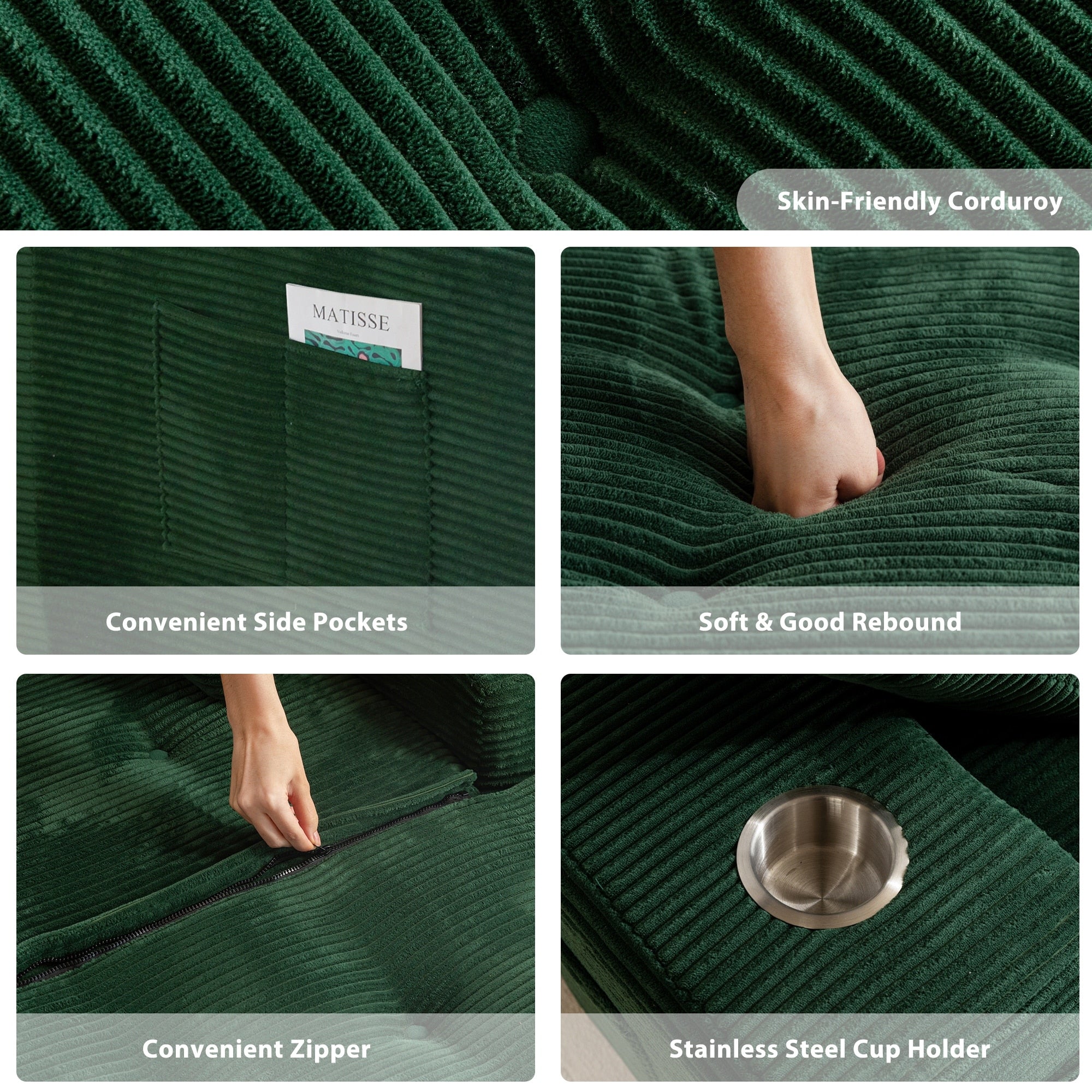 Canapé en velours côtelé avec pouf intégré et mousse à mémoire de forme - 123 cm (L) x 172 cm (l) x 62 cm (H)