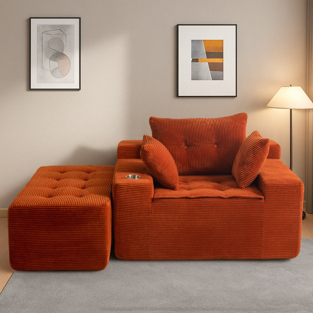 Canapé en velours côtelé avec pouf intégré et mousse à mémoire de forme - 123 cm (L) x 172 cm (l) x 62 cm (H)