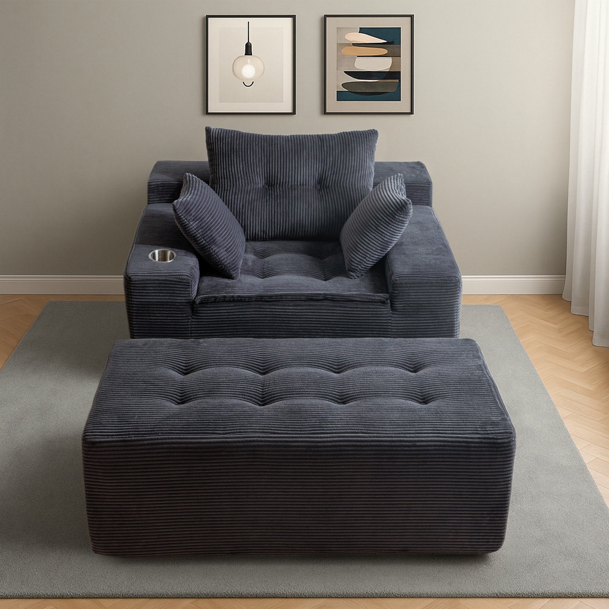 Canapé en velours côtelé avec pouf intégré et mousse à mémoire de forme - 123 cm (L) x 172 cm (l) x 62 cm (H)