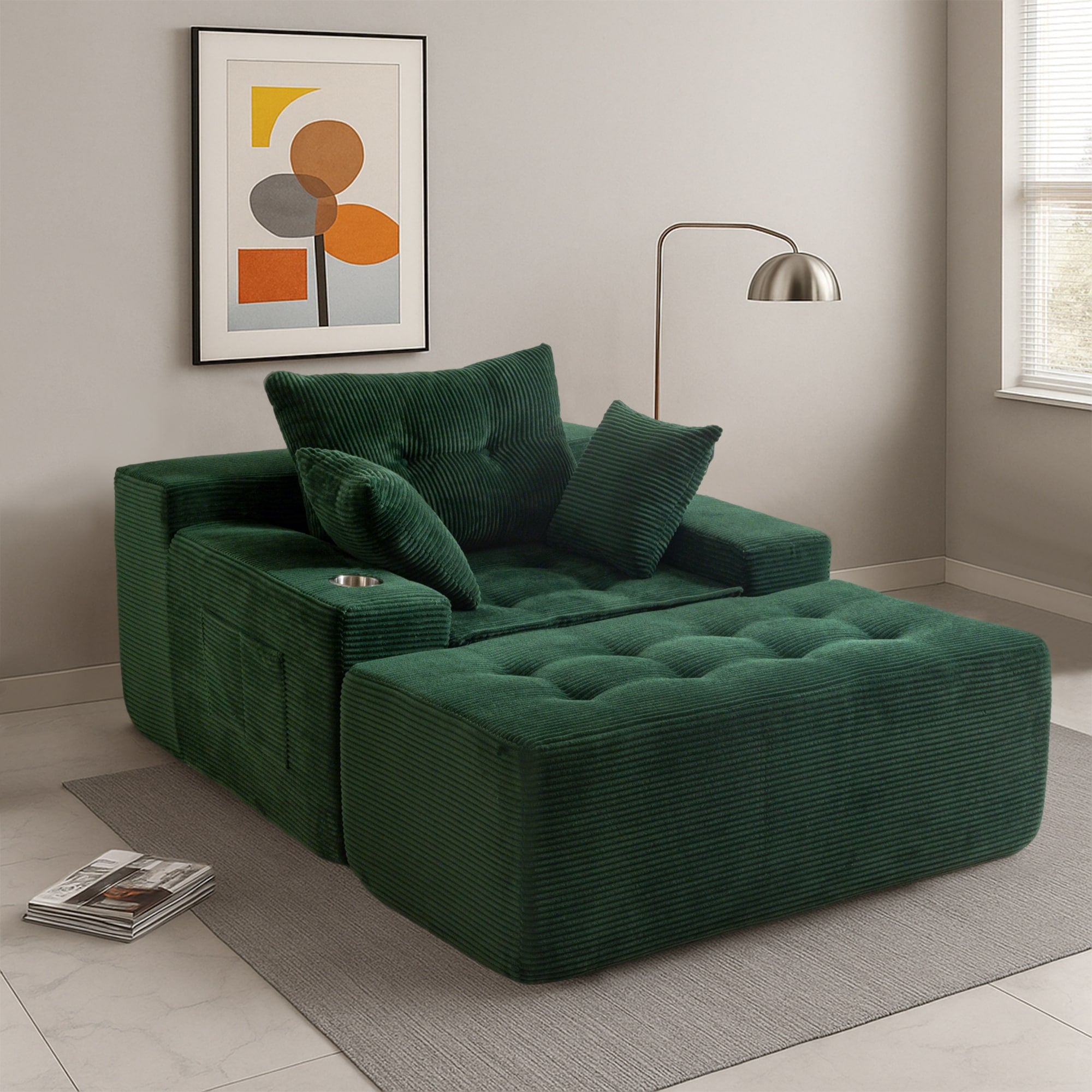 Canapé en velours côtelé avec pouf intégré et mousse à mémoire de forme - 123 cm (L) x 172 cm (l) x 62 cm (H)