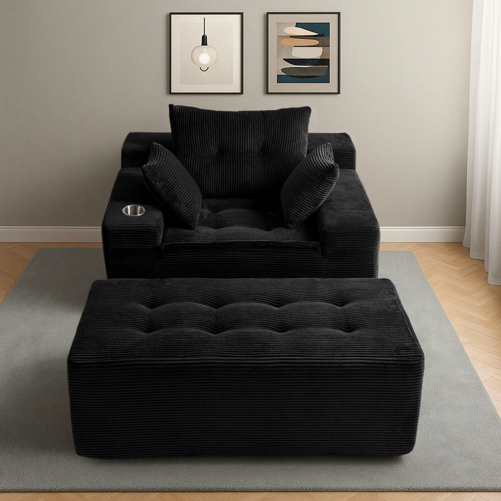Canapé en velours côtelé avec pouf intégré et mousse à mémoire de forme - 123 cm (L) x 172 cm (l) x 62 cm (H)