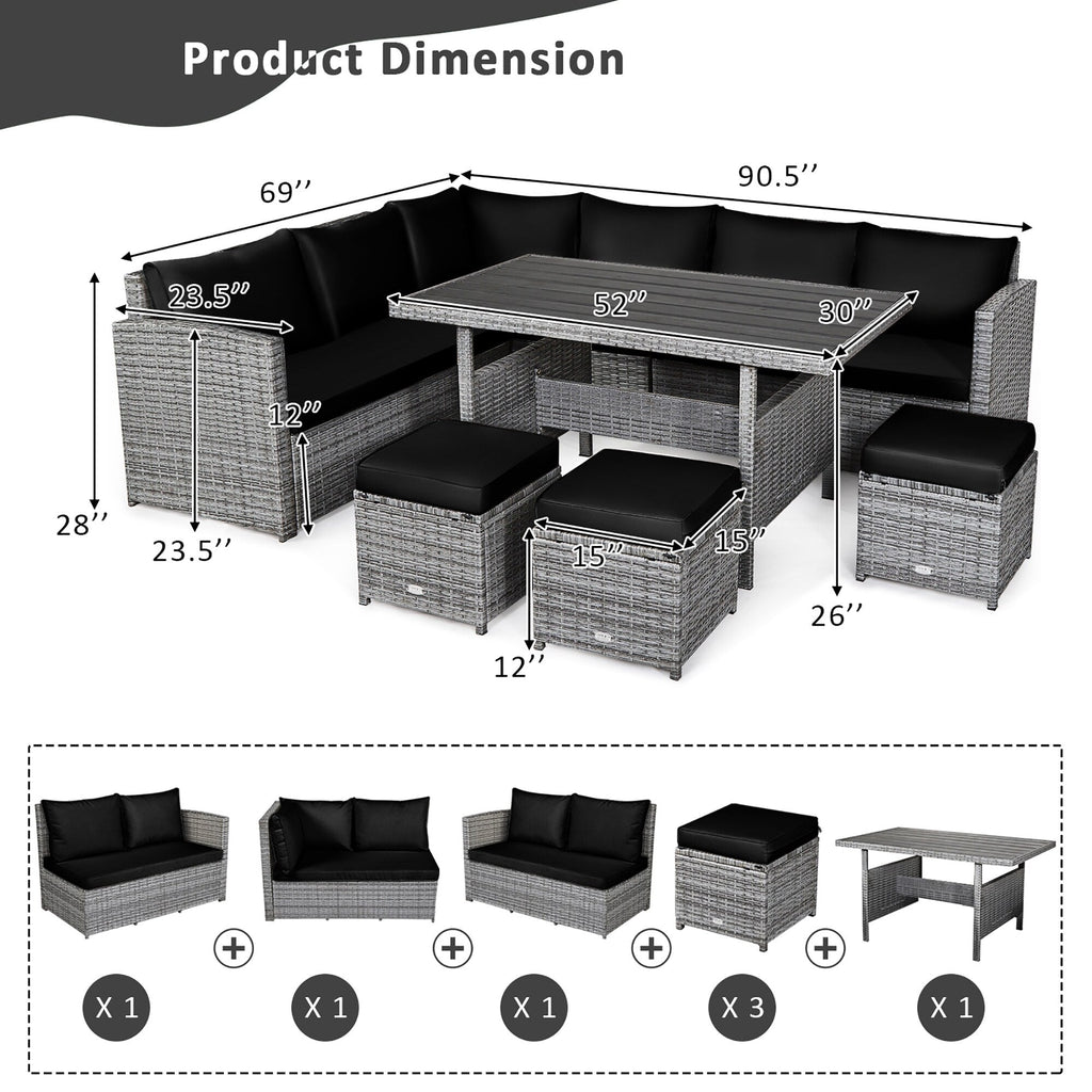 Ensemble de salle à manger d'extérieur Costway 7 pièces en rotin, comprenant canapé d'angle, pouf et fauteuil - Voir les détails