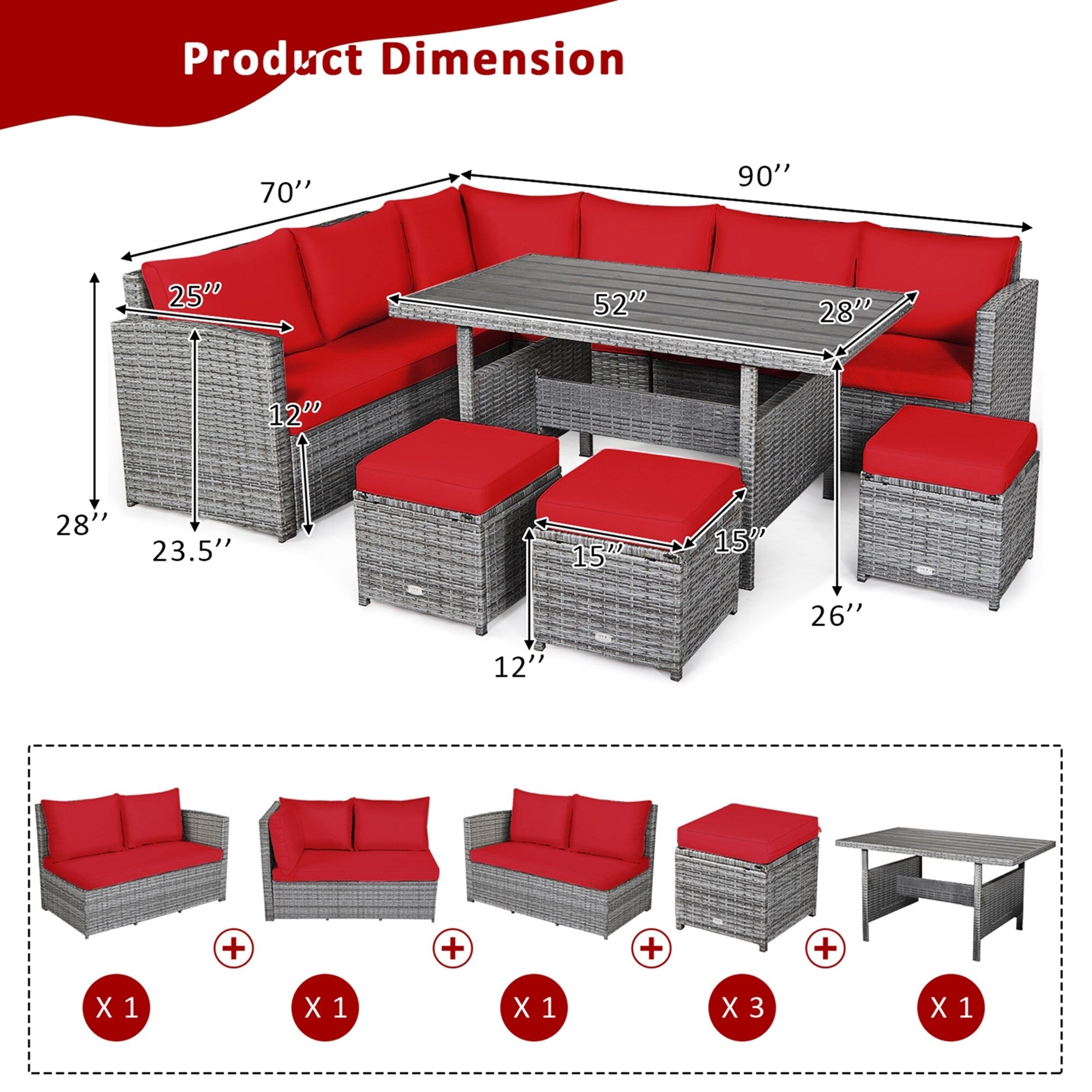 Ensemble de salle à manger d'extérieur Costway 7 pièces en rotin, comprenant canapé d'angle, pouf et fauteuil - Voir les détails