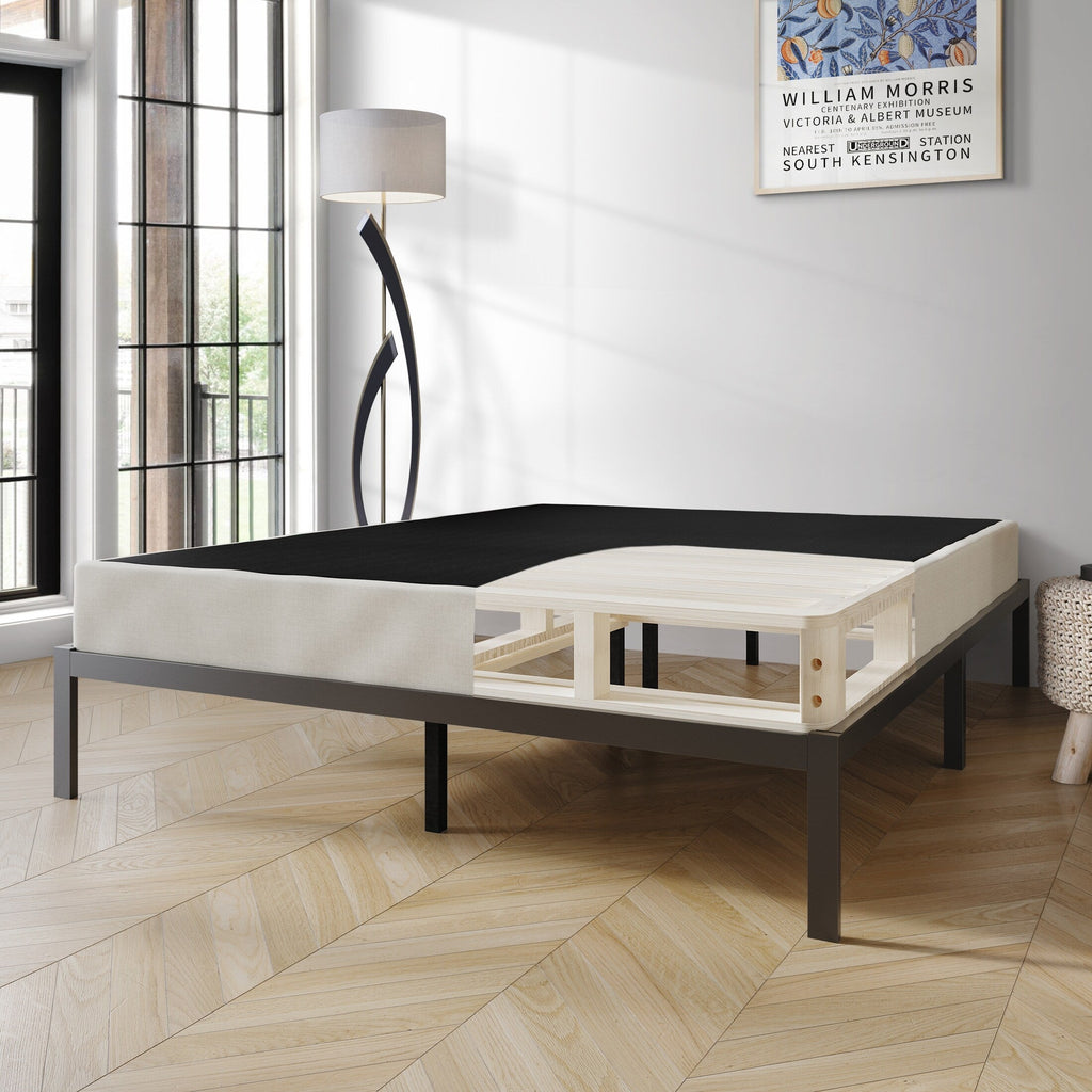 Sommier à lattes en bois massif CraftPorch de 5 pouces avec revêtement en lin gris chaud.