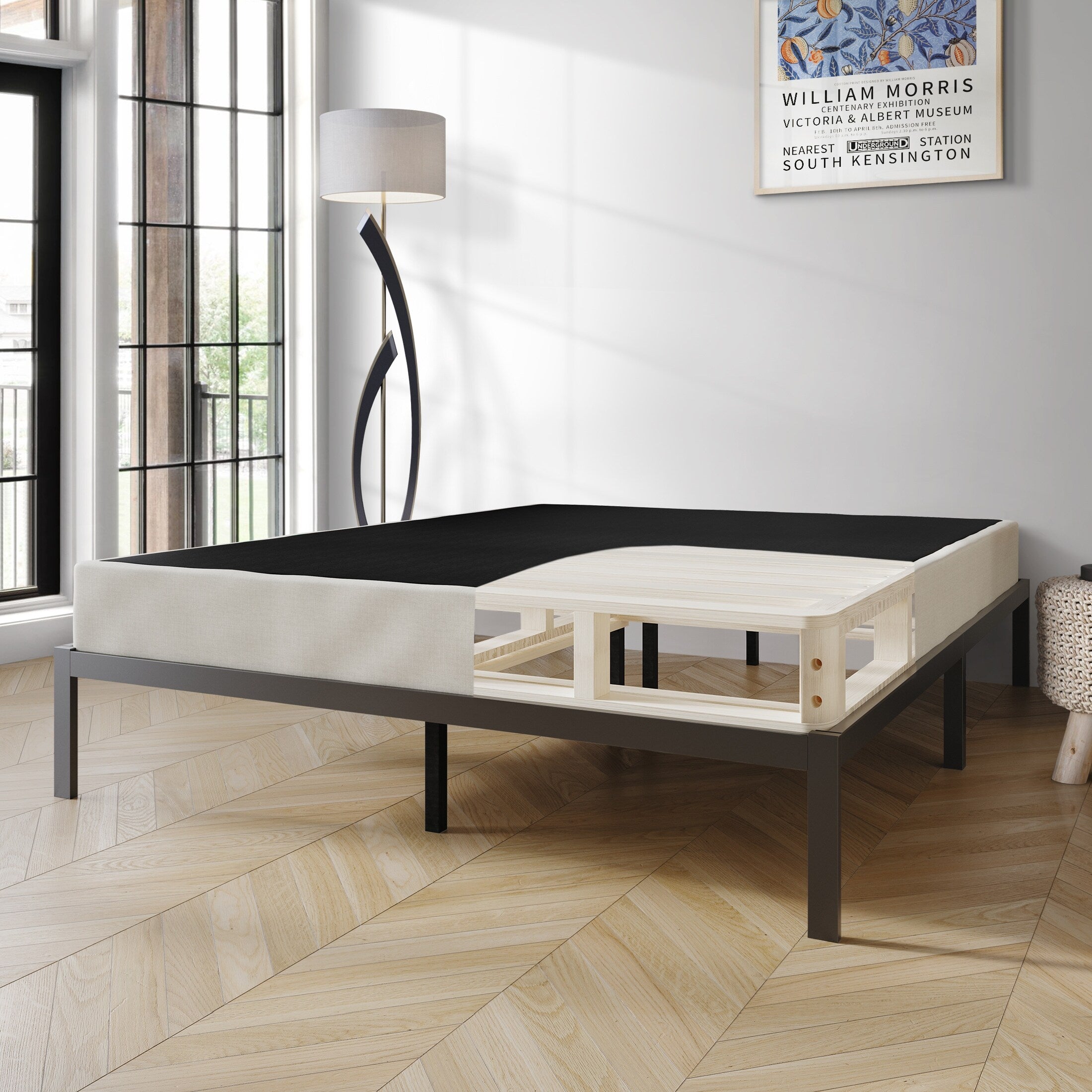 Sommier à lattes en bois massif CraftPorch de 5 pouces avec revêtement en lin gris chaud.