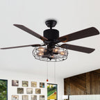 CurveCurio Ventilateur de plafond industriel style farmhouse à 5 lumières, cage noire, avec éclairage, télécommande et tirette, 42-48-52 pouces