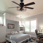 CurveCurio Ventilateur de plafond industriel style farmhouse à 5 lumières, cage noire, avec éclairage, télécommande et tirette, 42-48-52 pouces