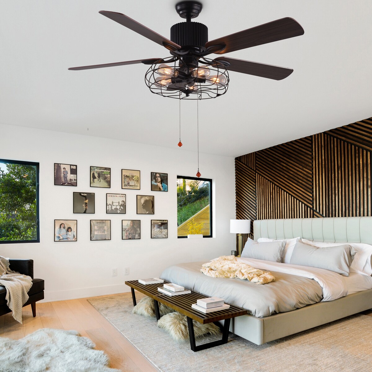 CurveCurio Ventilateur de plafond industriel style farmhouse à 5 lumières, cage noire, avec éclairage, télécommande et tirette, 42-48-52 pouces