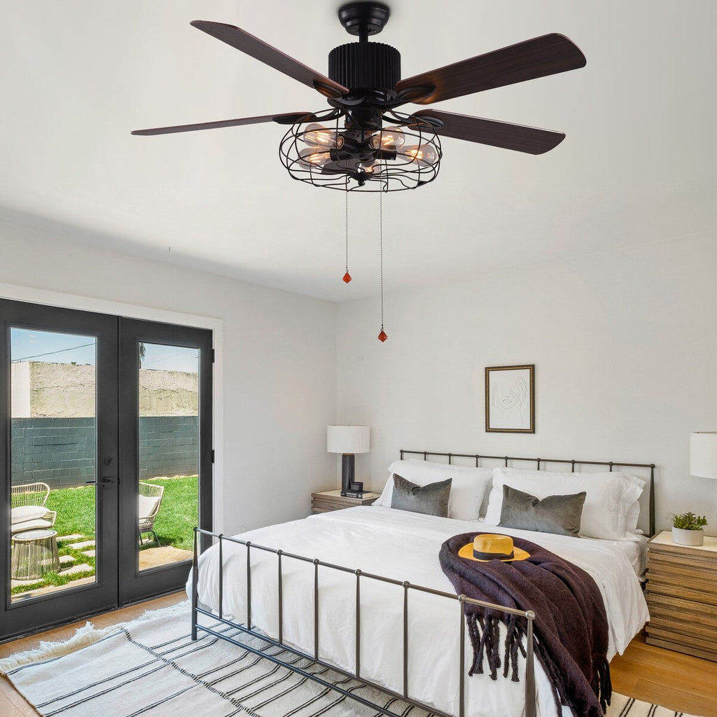 CurveCurio Ventilateur de plafond industriel style farmhouse à 5 lumières, cage noire, avec éclairage, télécommande et tirette, 42-48-52 pouces