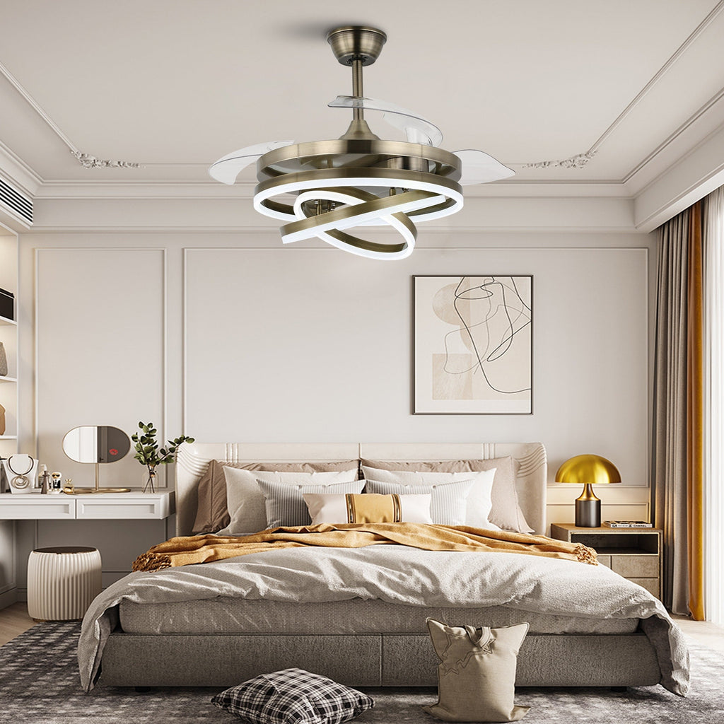 Ventilateur de plafond rétractable Cusp Barn 42 avec éclairage et télécommande, forme DIY, abat-jour moderne, moteur DC silencieux, éclairage LED au plafond.