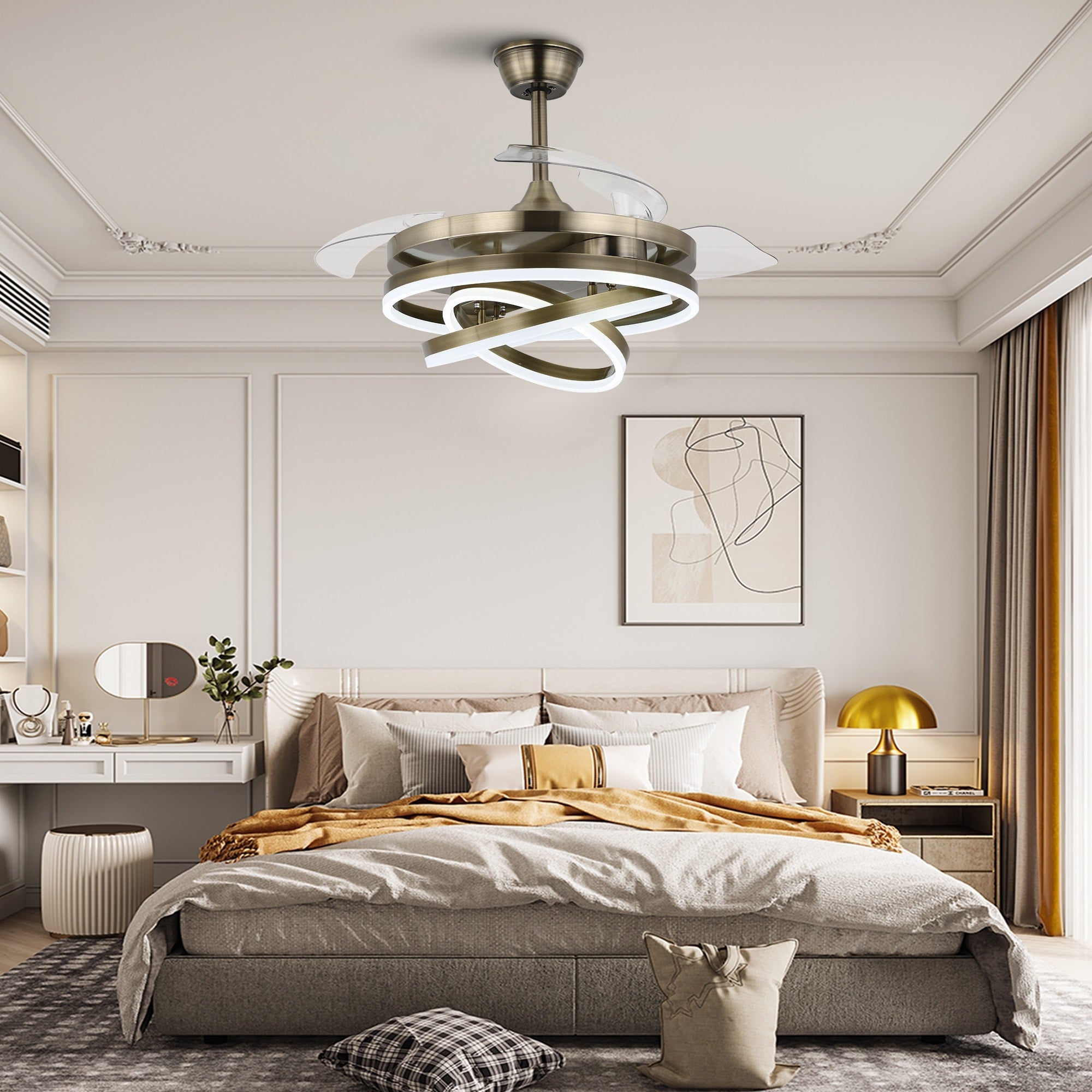 Ventilateur de plafond rétractable Cusp Barn 42 avec éclairage et télécommande, forme DIY, abat-jour moderne, moteur DC silencieux, éclairage LED au plafond.