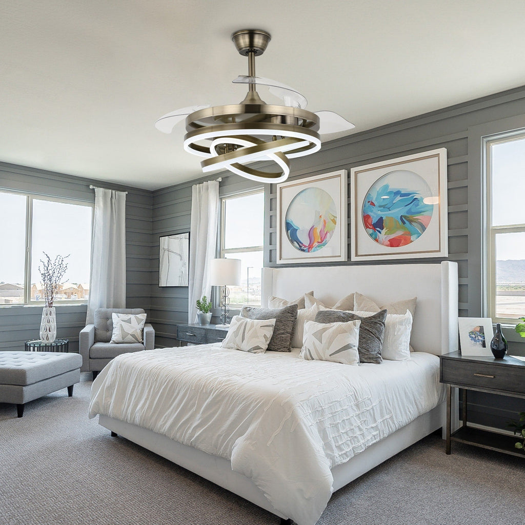 Ventilateur de plafond rétractable Cusp Barn 42 avec éclairage et télécommande, forme DIY, abat-jour moderne, moteur DC silencieux, éclairage LED au plafond.