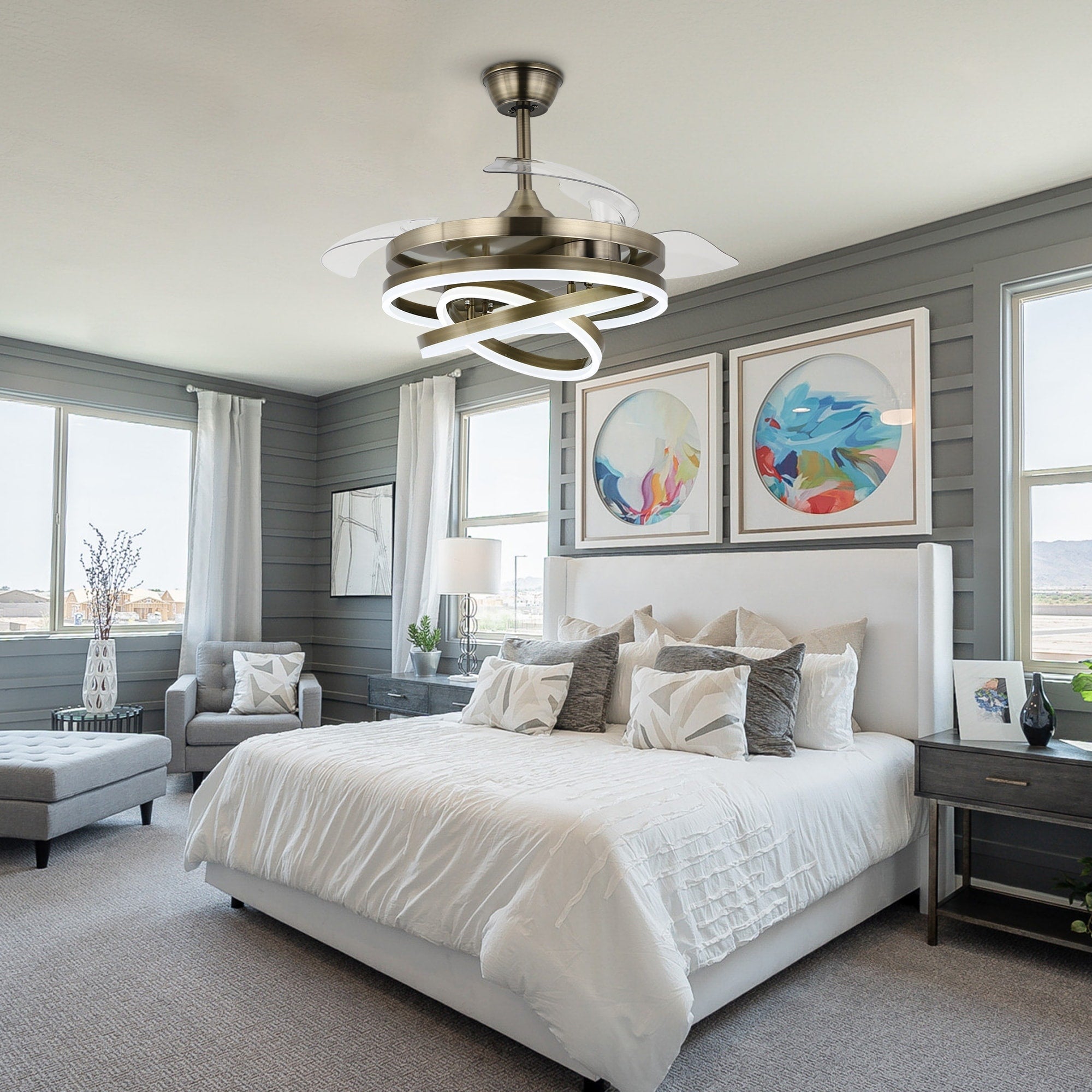 Ventilateur de plafond rétractable Cusp Barn 42 avec éclairage et télécommande, forme DIY, abat-jour moderne, moteur DC silencieux, éclairage LED au plafond.