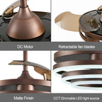 Ventilateur de plafond rétractable Cusp Barn 42 avec éclairage et télécommande, forme DIY, abat-jour moderne, moteur DC silencieux, éclairage LED au plafond.